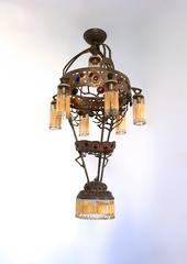 Italian Liberty Golden Brass Chandelier Pendant with Crystal Beads