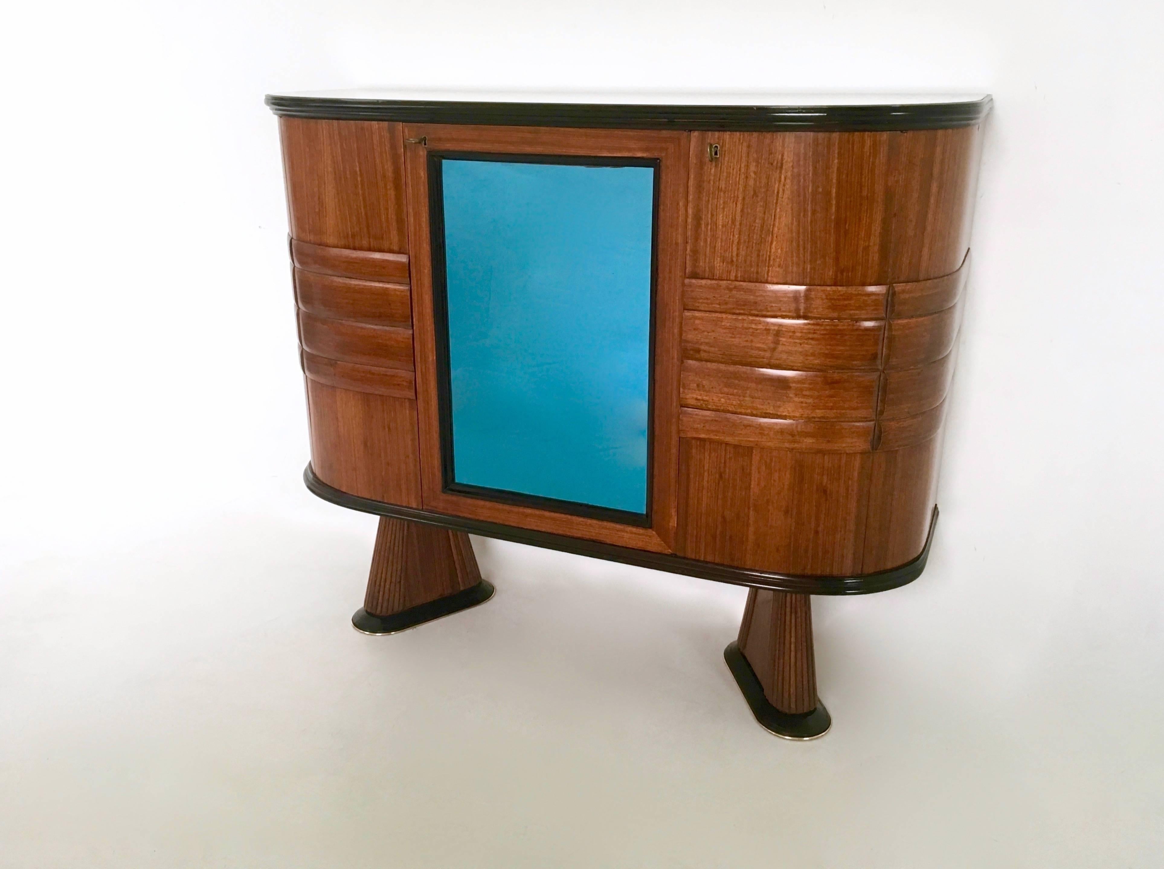 Mid-20th Century Italian Wood and Blue Mirror Bar Cabinet, 1950s