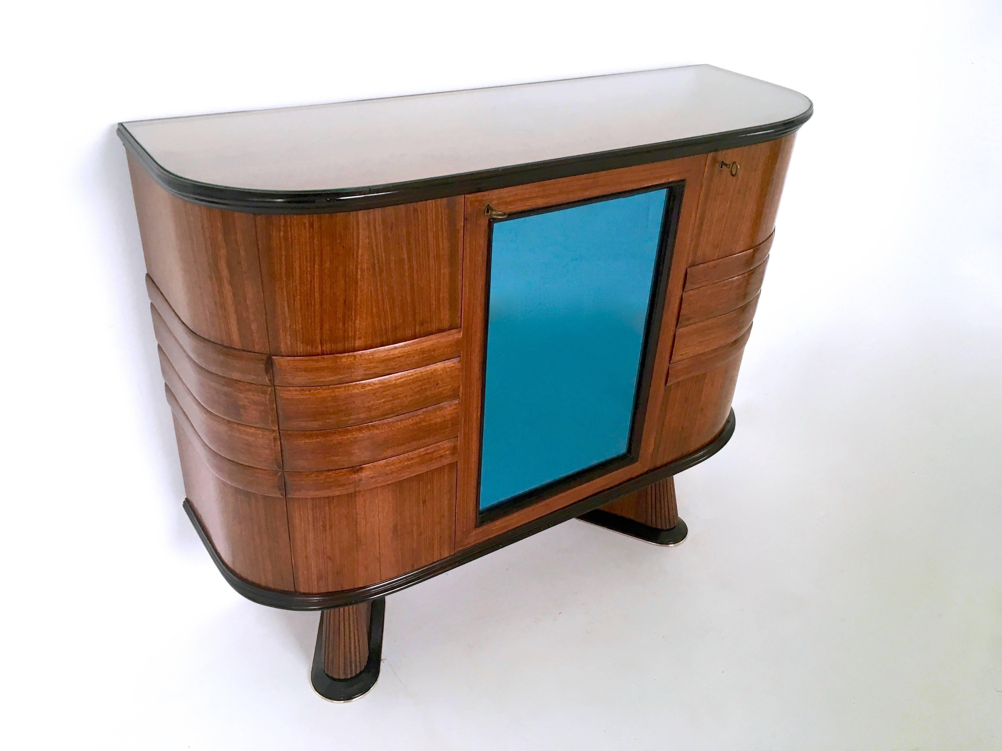 Italian Wood and Blue Mirror Bar Cabinet, 1950s In Excellent Condition In Bresso, Lombardy