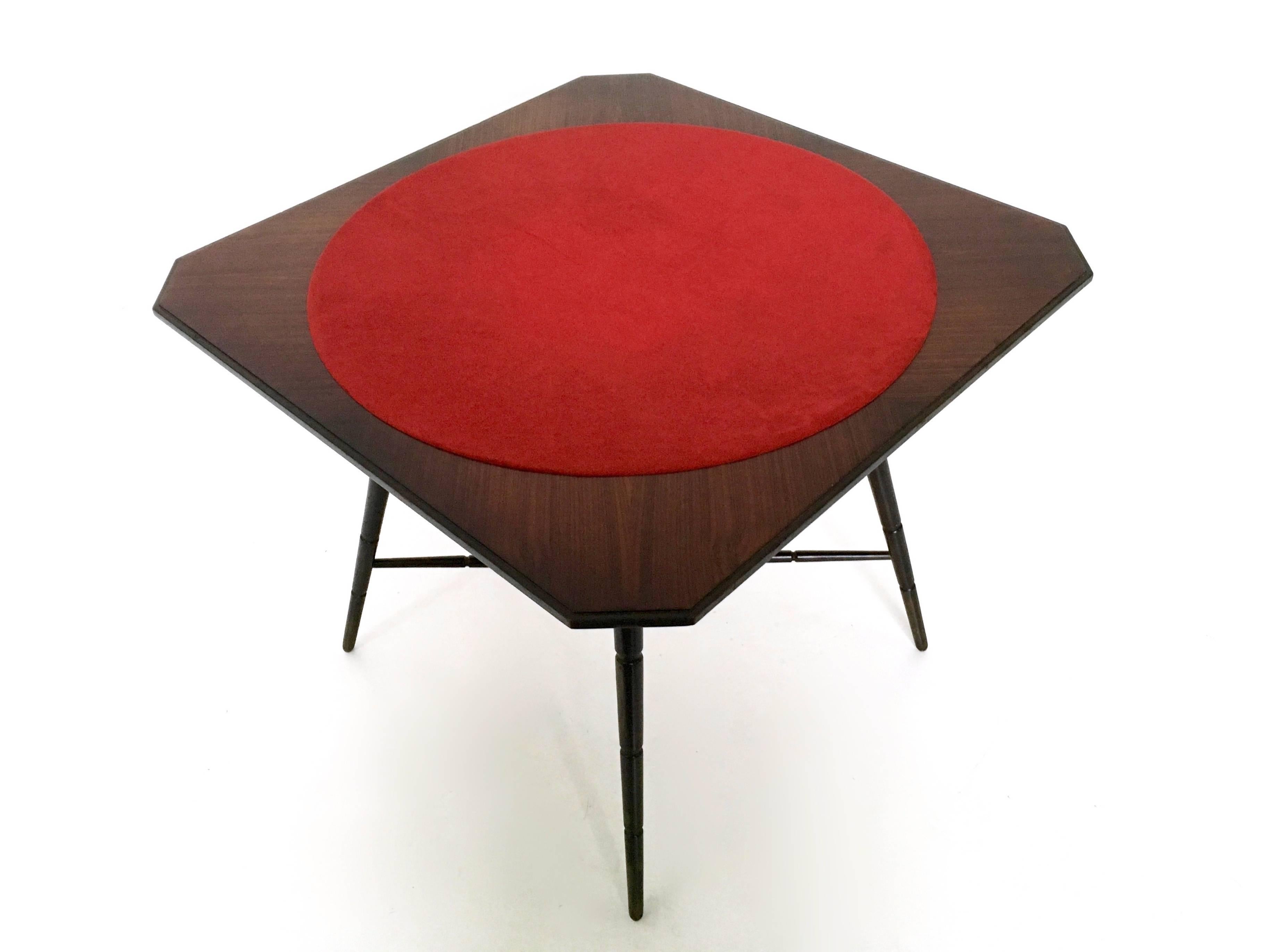 Mid-20th Century Ebonized Beech Card Game Table Dark Brown Produced by Chiavari Red Fabric Top For Sale