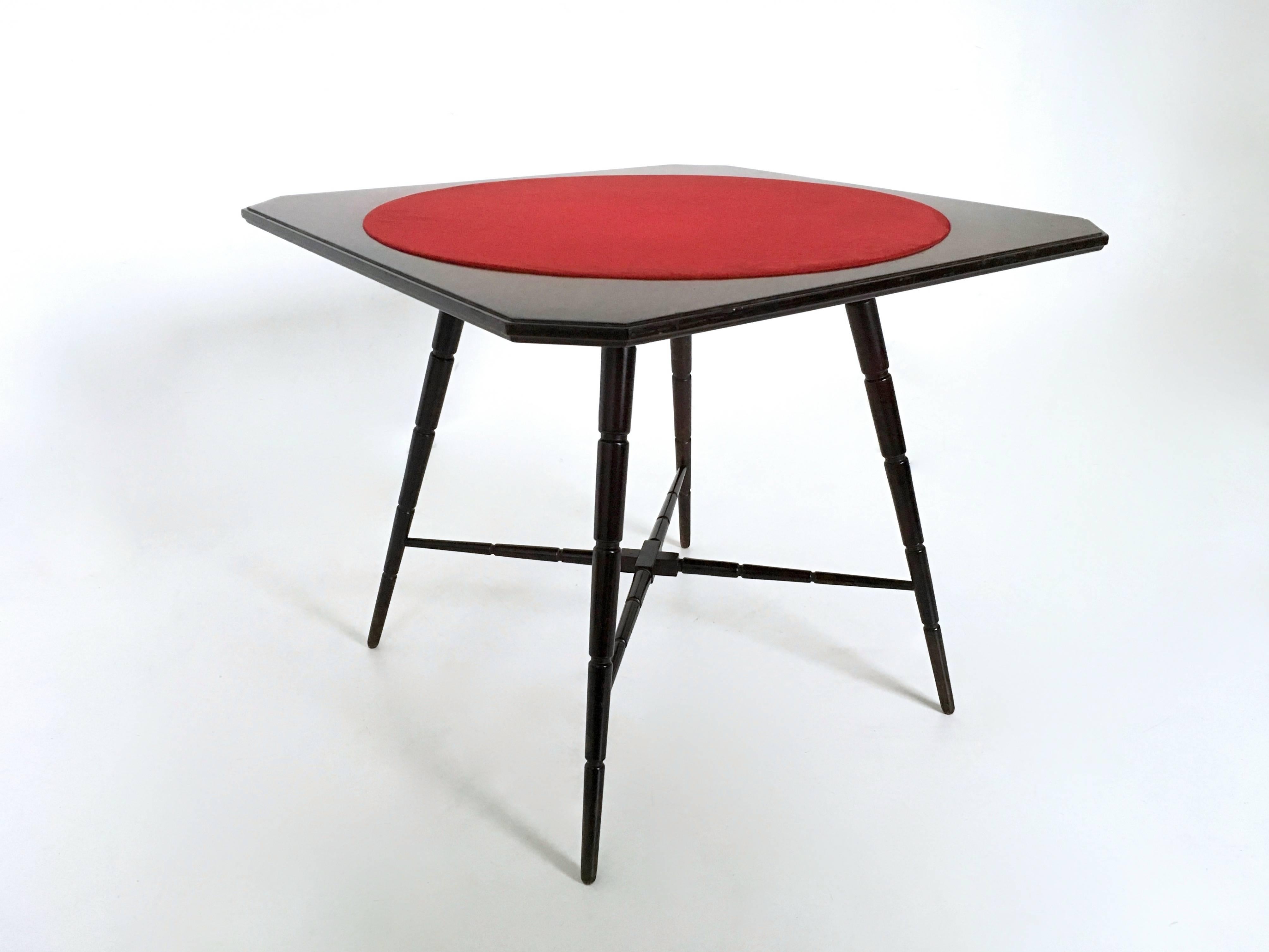 Italian Ebonized Beech Card Game Table Dark Brown Produced by Chiavari Red Fabric Top For Sale