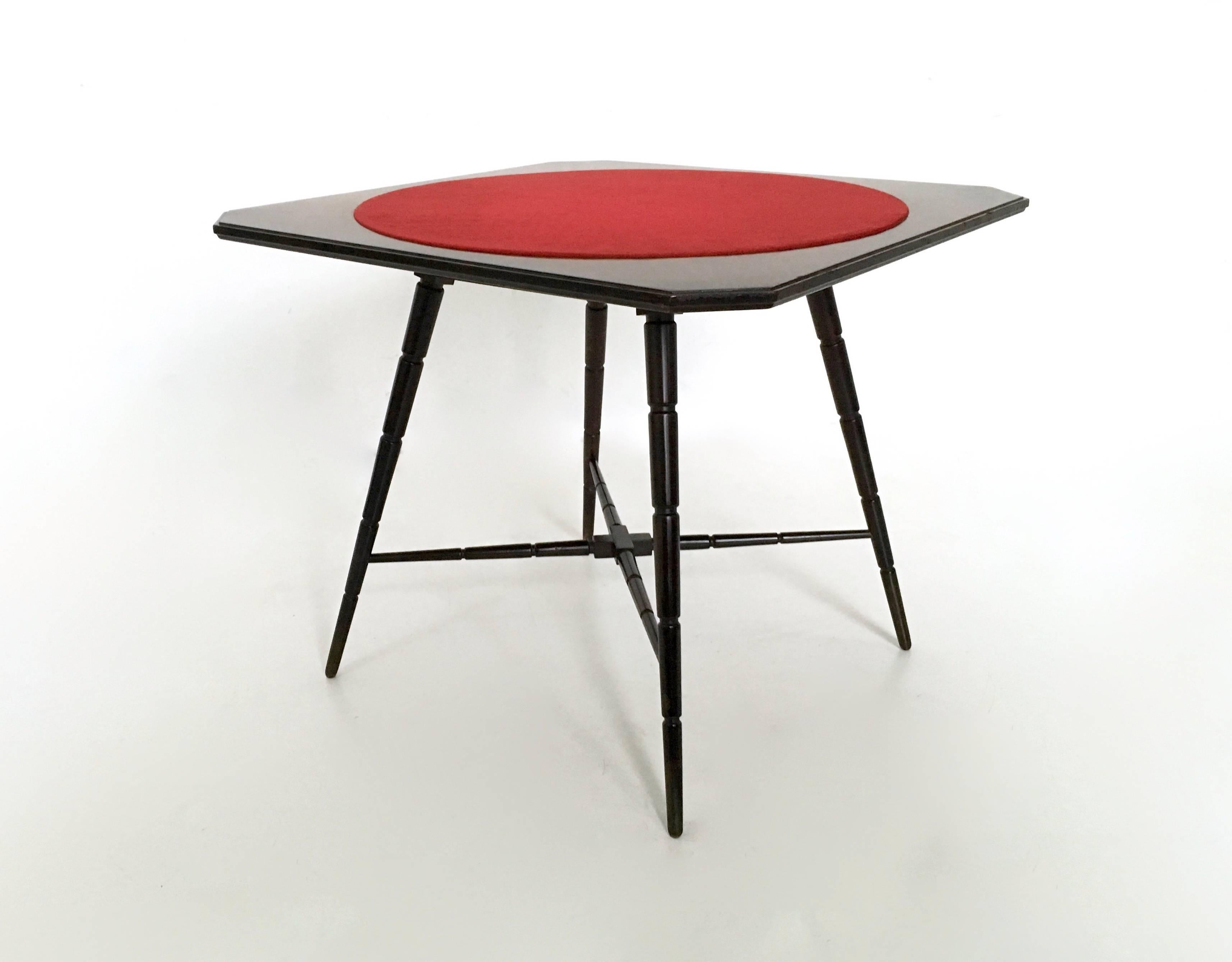 Mid-Century Modern Ebonized Beech Card Game Table Dark Brown Produced by Chiavari Red Fabric Top For Sale