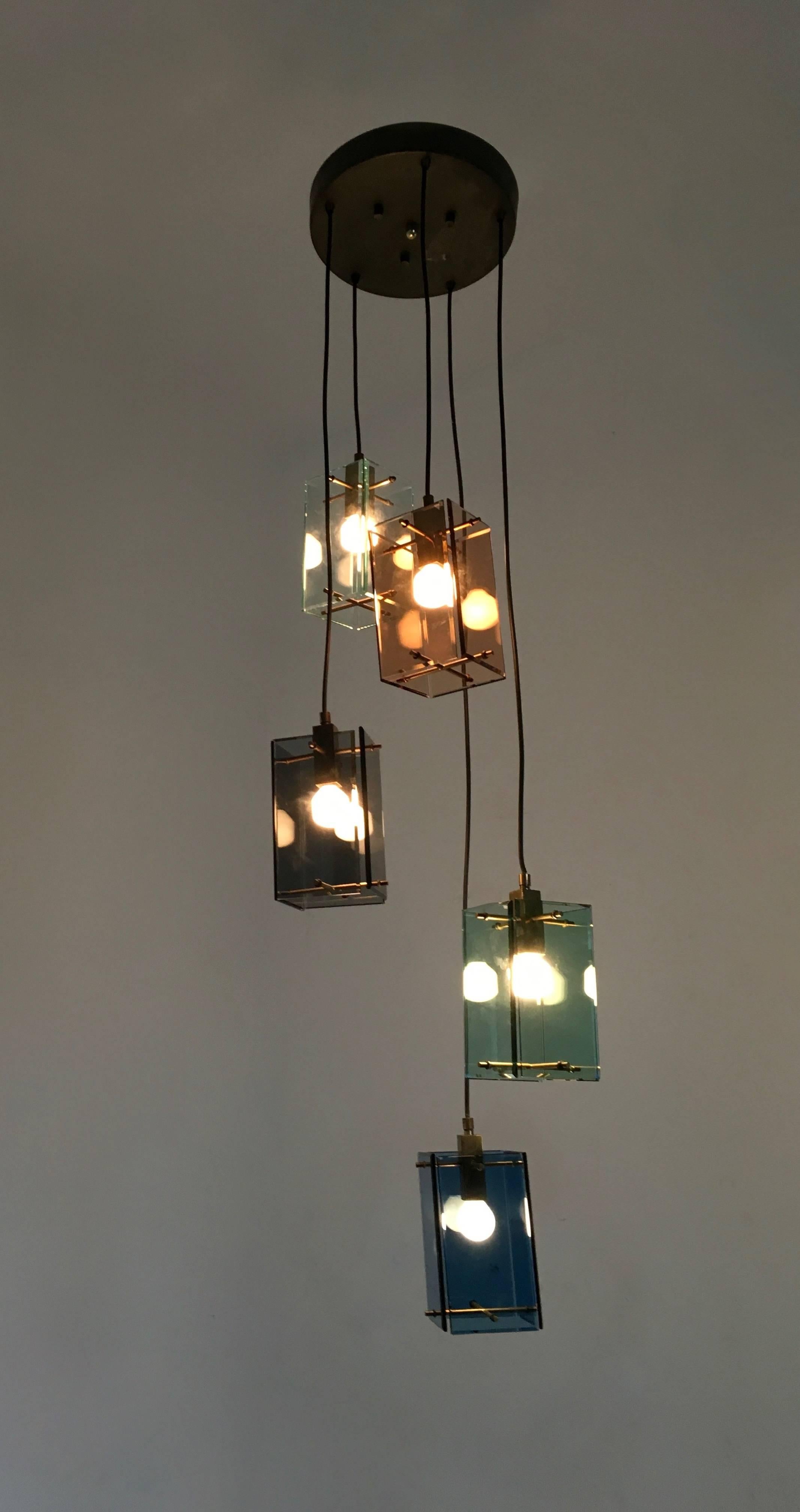 Italian Five Light Colored Glass Brass Chandelier Pendant in the Style of Fontana Arte For Sale