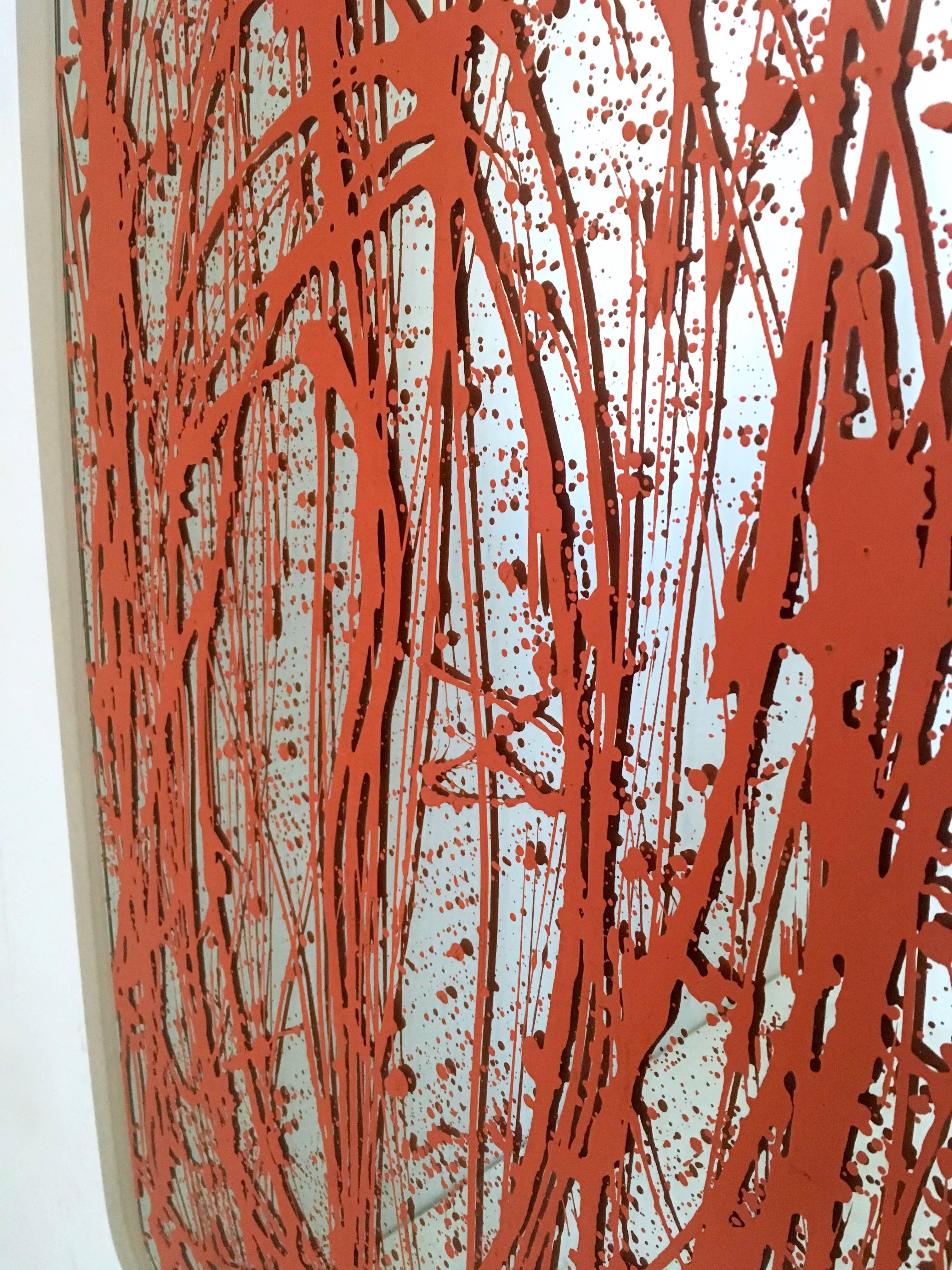 Émail Miroir mural d'Enzio Wenk avec cadre en plexiglas et détails en émail orange, Italie en vente