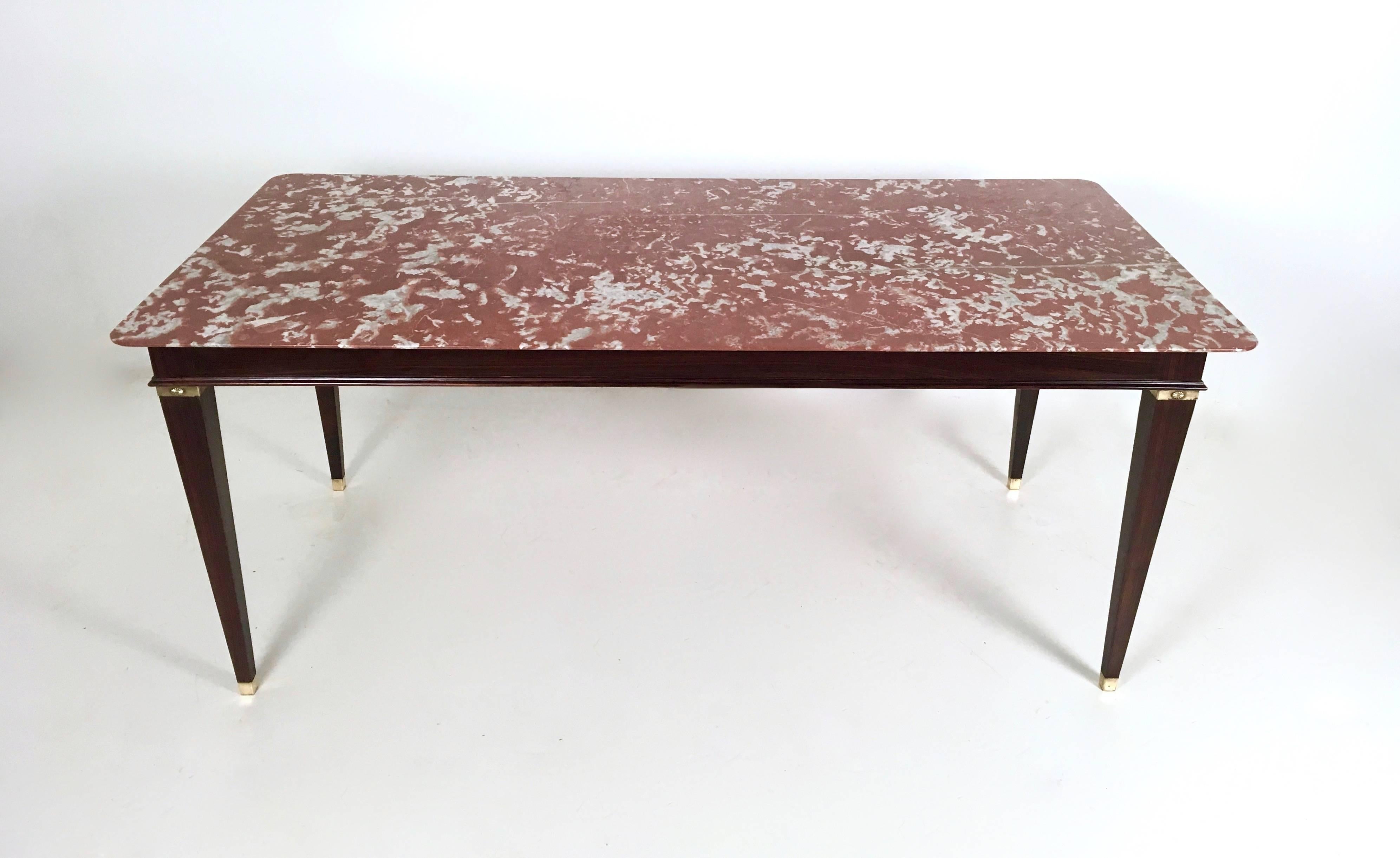 Made in wood, brass and red marble from France.
The wood has been polished with shellac and the marble-top has no damages.
In perfect condition.