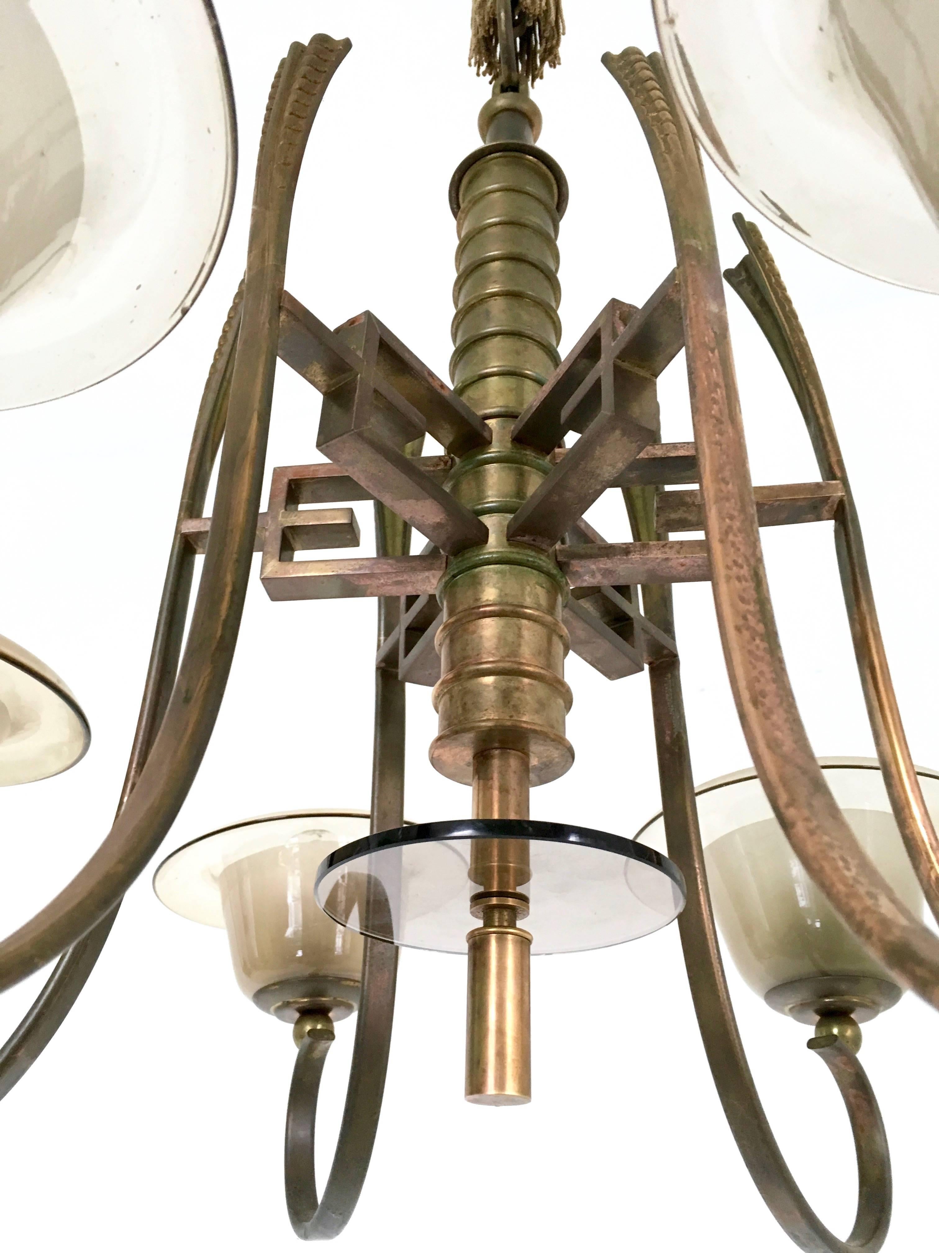 Fabric Vintage Six-Arm Brass and Brown Blown Glass Chandelier Attr. to Paolo Buffa For Sale