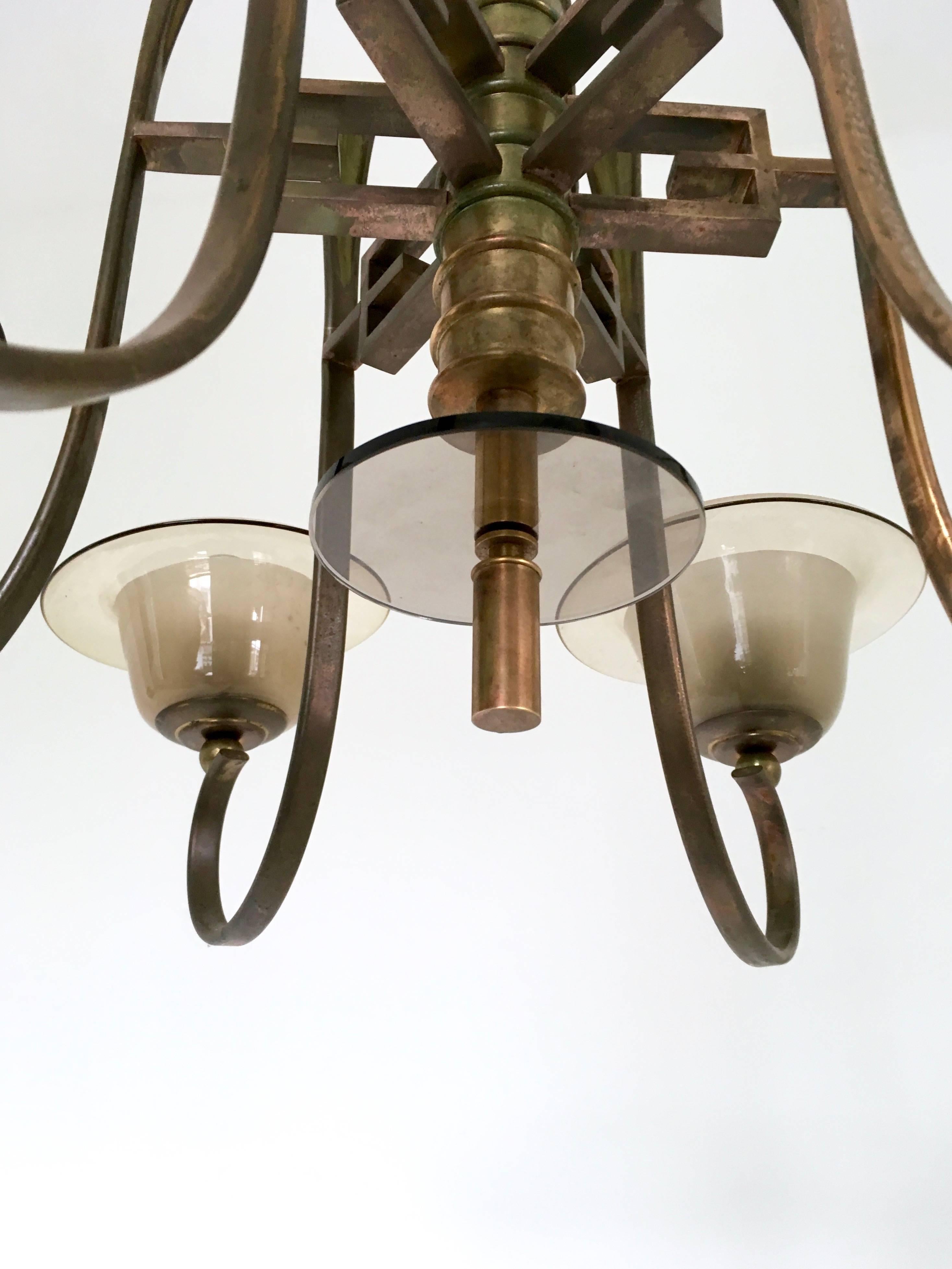 Vintage Six-Arm Brass and Brown Blown Glass Chandelier Attr. to Paolo Buffa For Sale 1