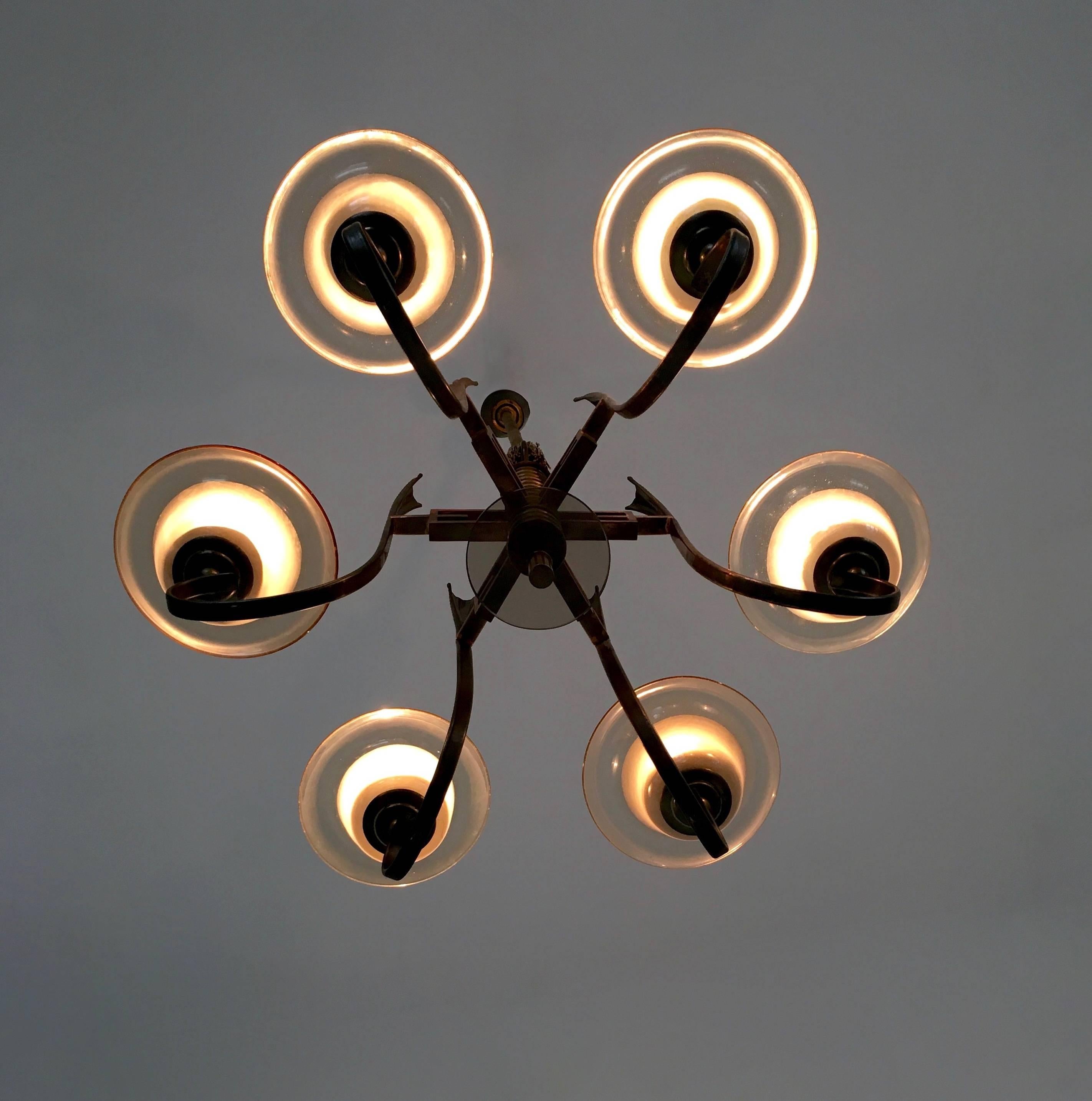 Italian Vintage Six-Arm Brass and Brown Blown Glass Chandelier Attr. to Paolo Buffa For Sale