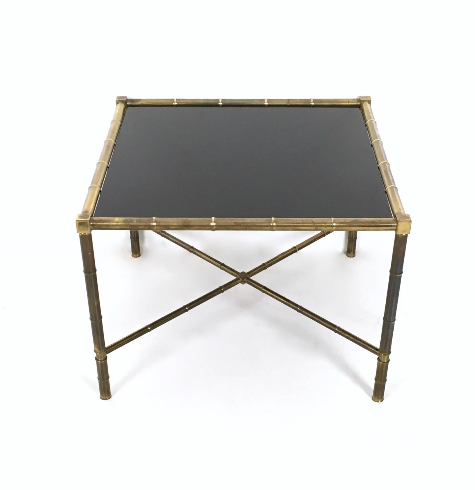 French Vintage Square Brass and Black Opaline Glass Coffee Table Ascribable to Adnet
