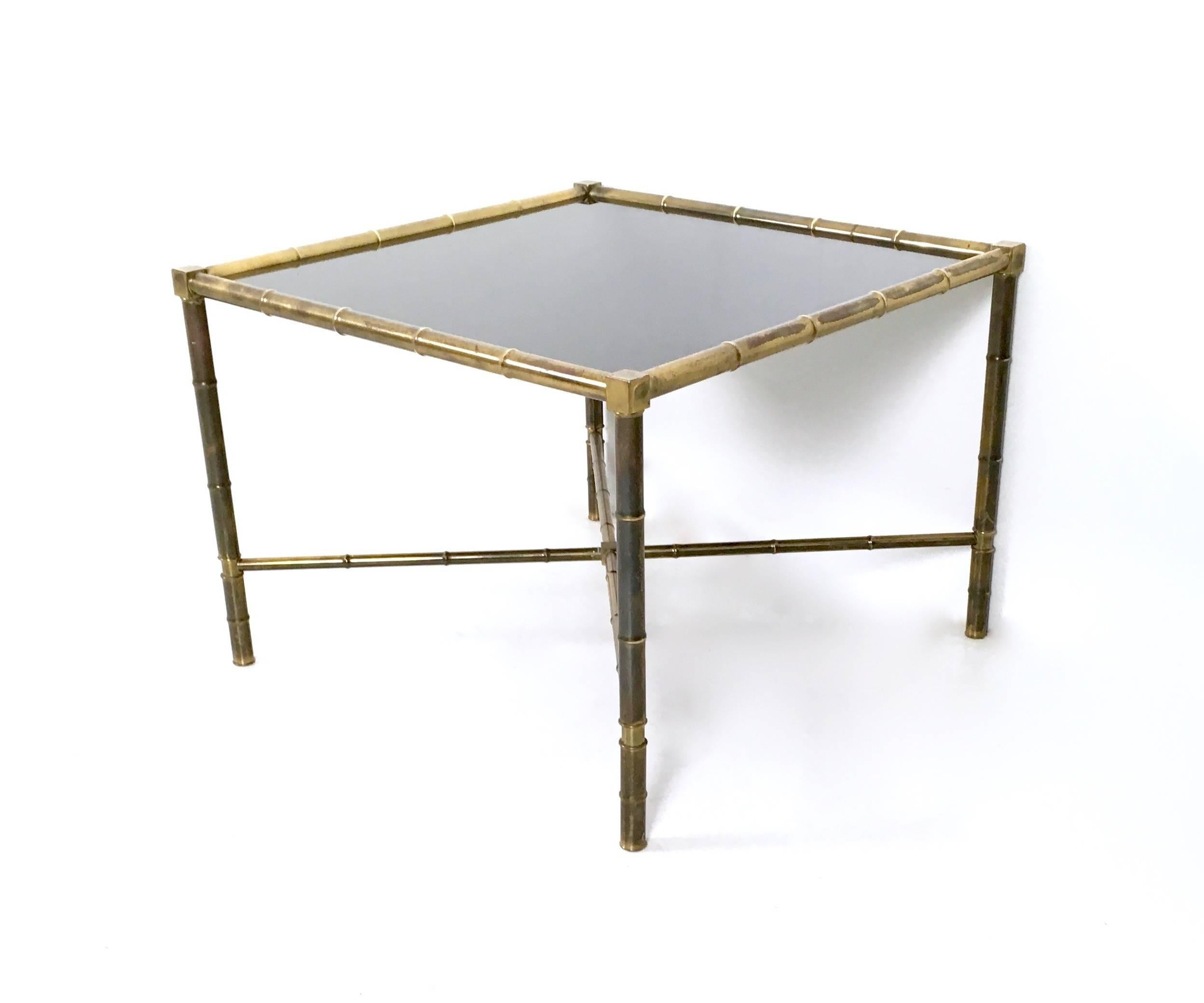 Mid-Century Modern Vintage Square Brass and Black Opaline Glass Coffee Table Ascribable to Adnet