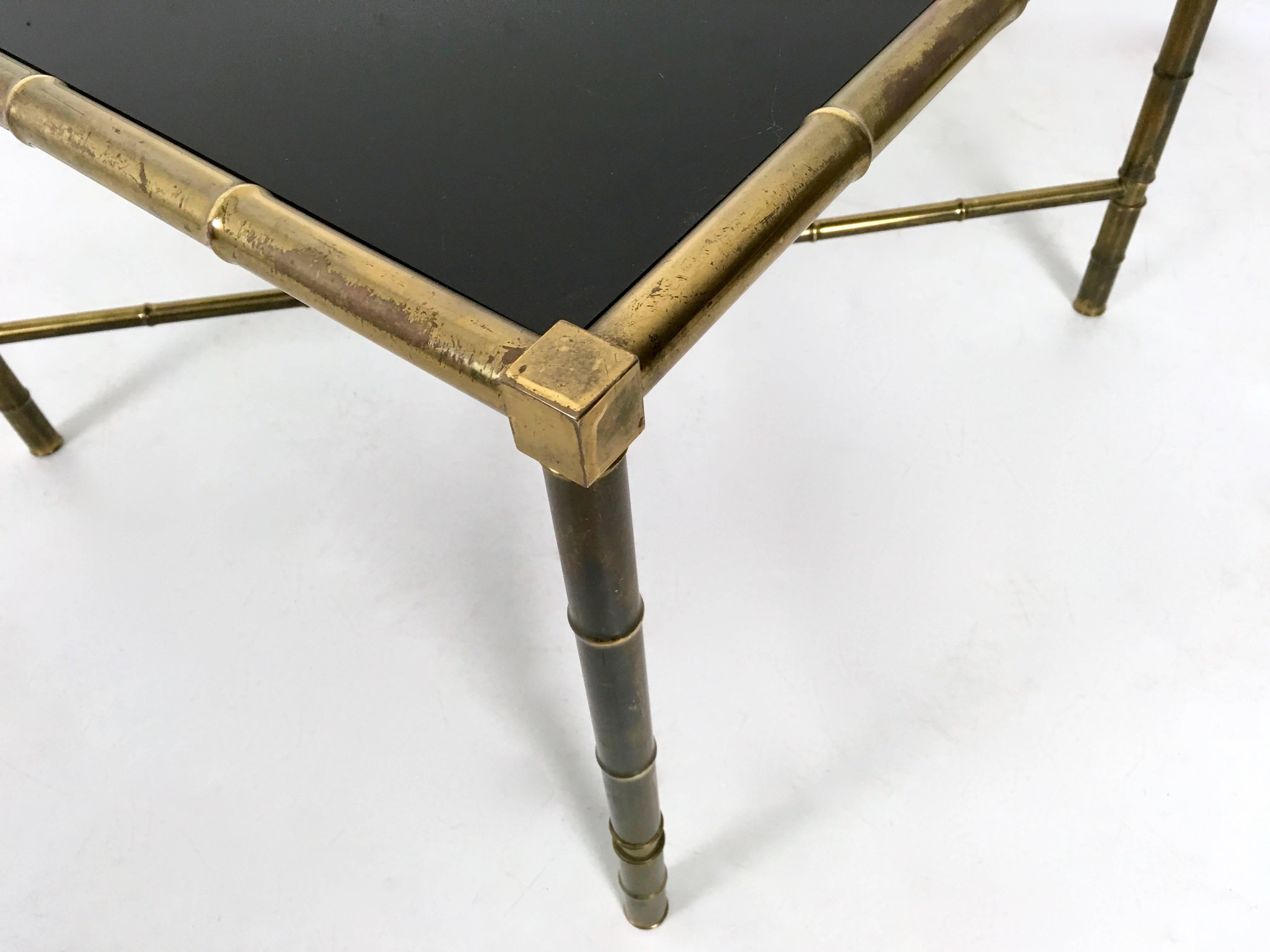 Vintage Square Brass and Black Opaline Glass Coffee Table Ascribable to Adnet 1