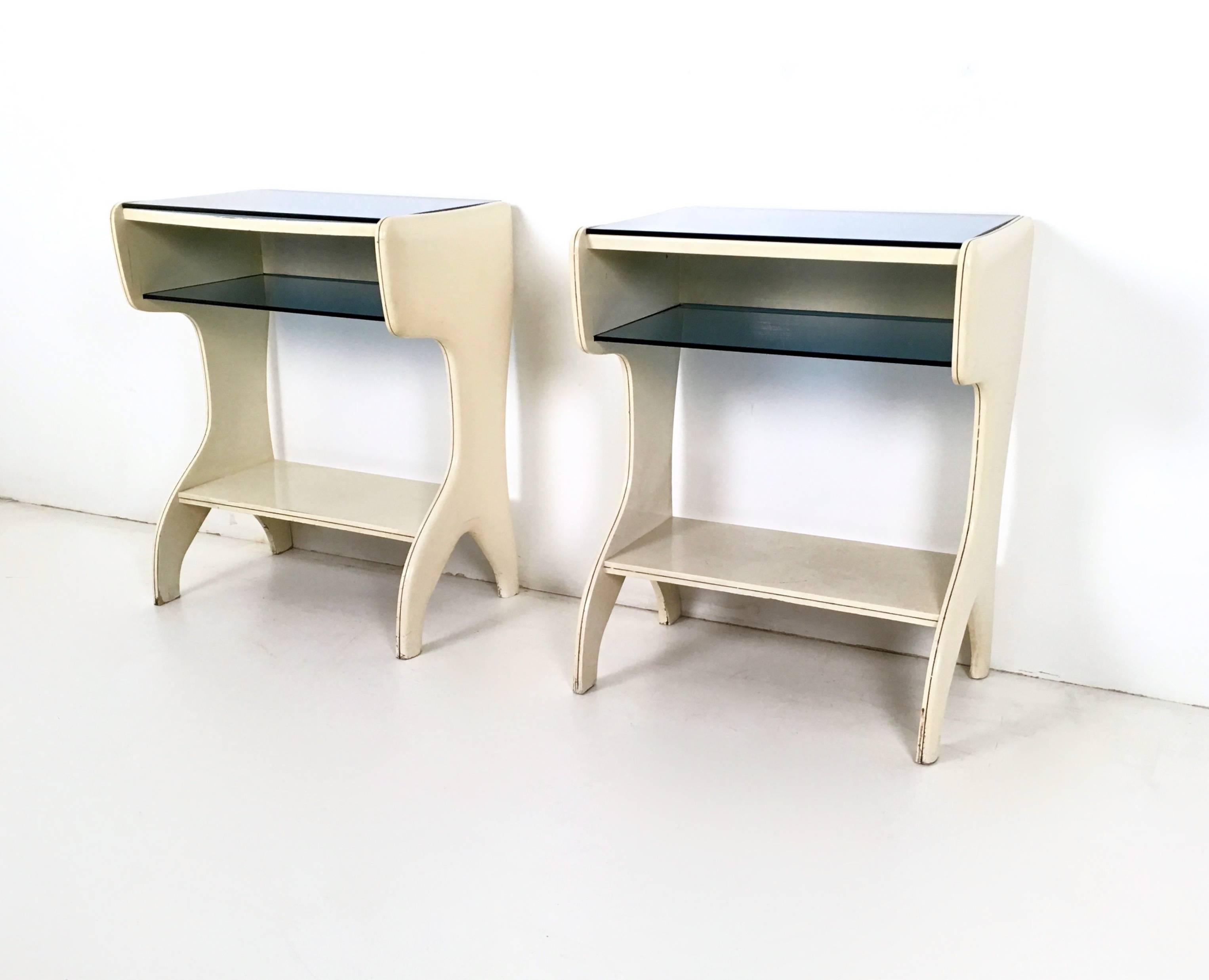 Mid-20th Century Pair of Lacquered Wood and Glass Little Consoles, Italy, 1950s 