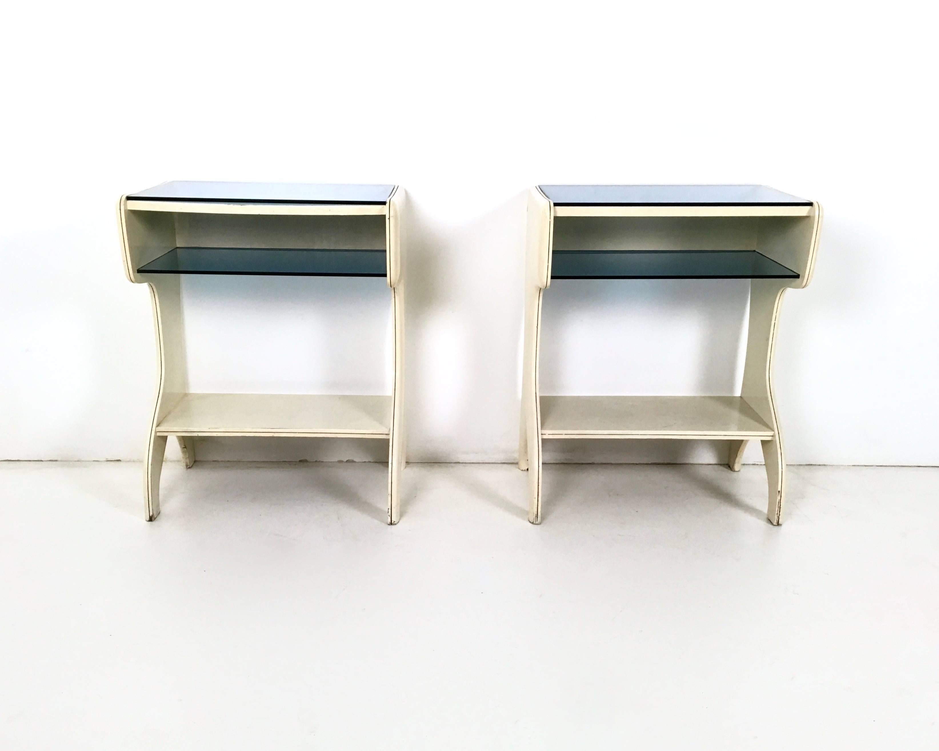 Pair of Lacquered Wood and Glass Little Consoles, Italy, 1950s  1
