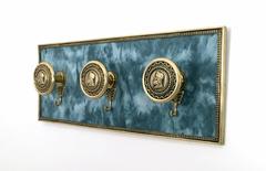 Vintage Blue Fabric and Brass Wall-Mounted Coat Hook, Italy