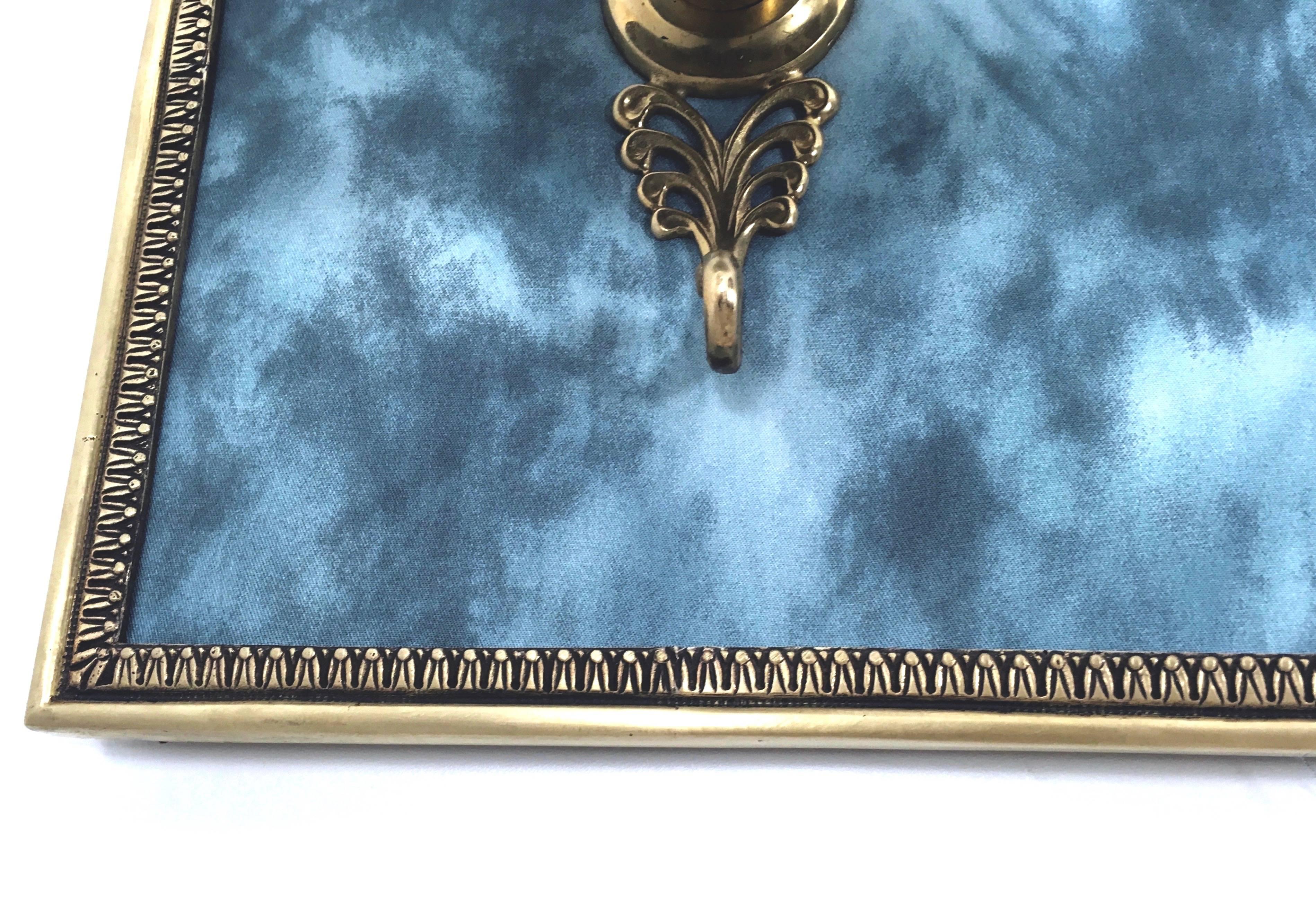 Vintage Blue Fabric and Brass Wall-Mounted Coat Hook, Italy In Good Condition In Bresso, Lombardy