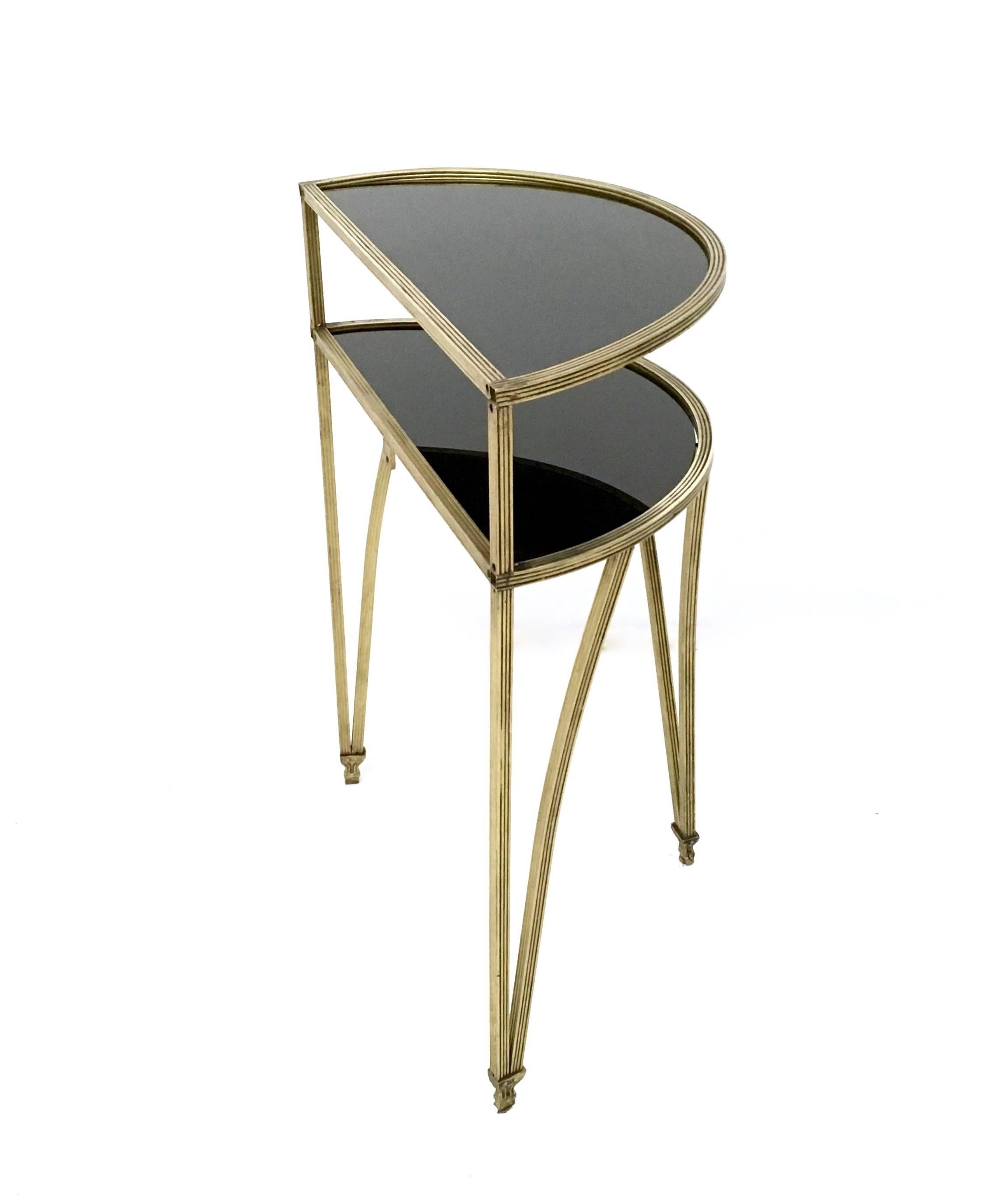 Mid-20th Century Pair of Brass and Opaline Glass Night Stands/Little Console Tables, Italy, 1950s