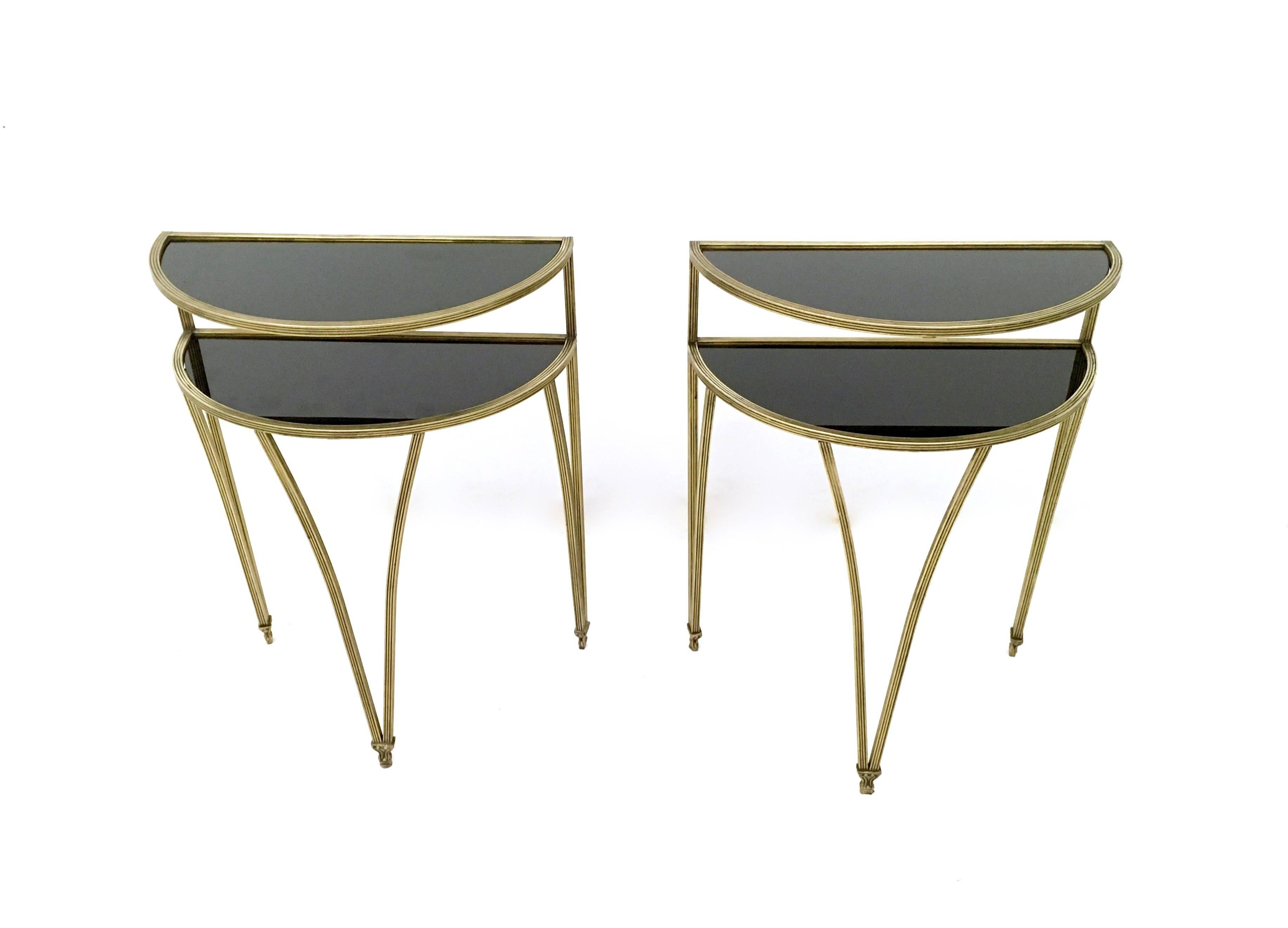 Italian Pair of Brass and Opaline Glass Night Stands/Little Console Tables, Italy, 1950s