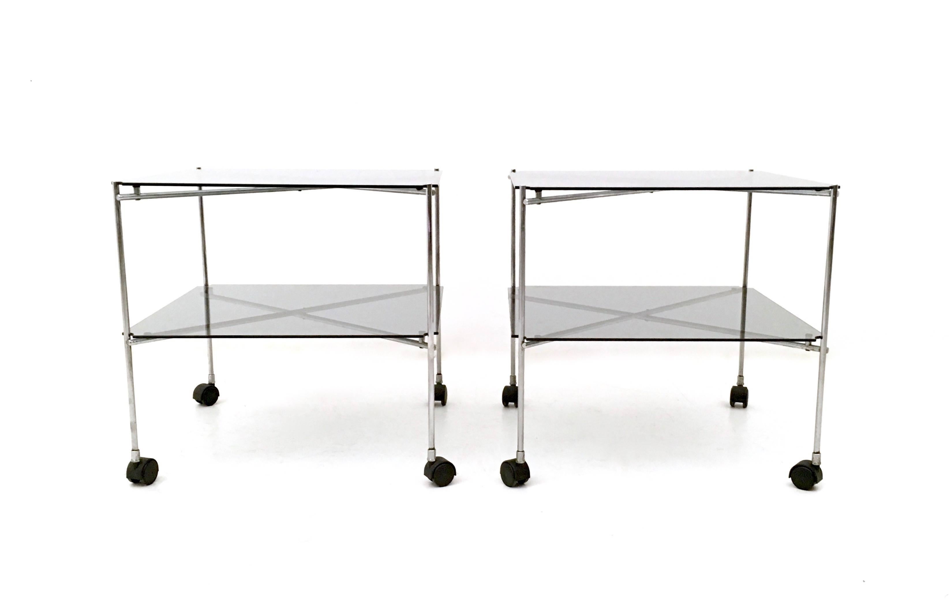 Minimalist Pair of Postmodern Glass Carts Mod. Biplano by Bruno Munari for Robots, Italy For Sale