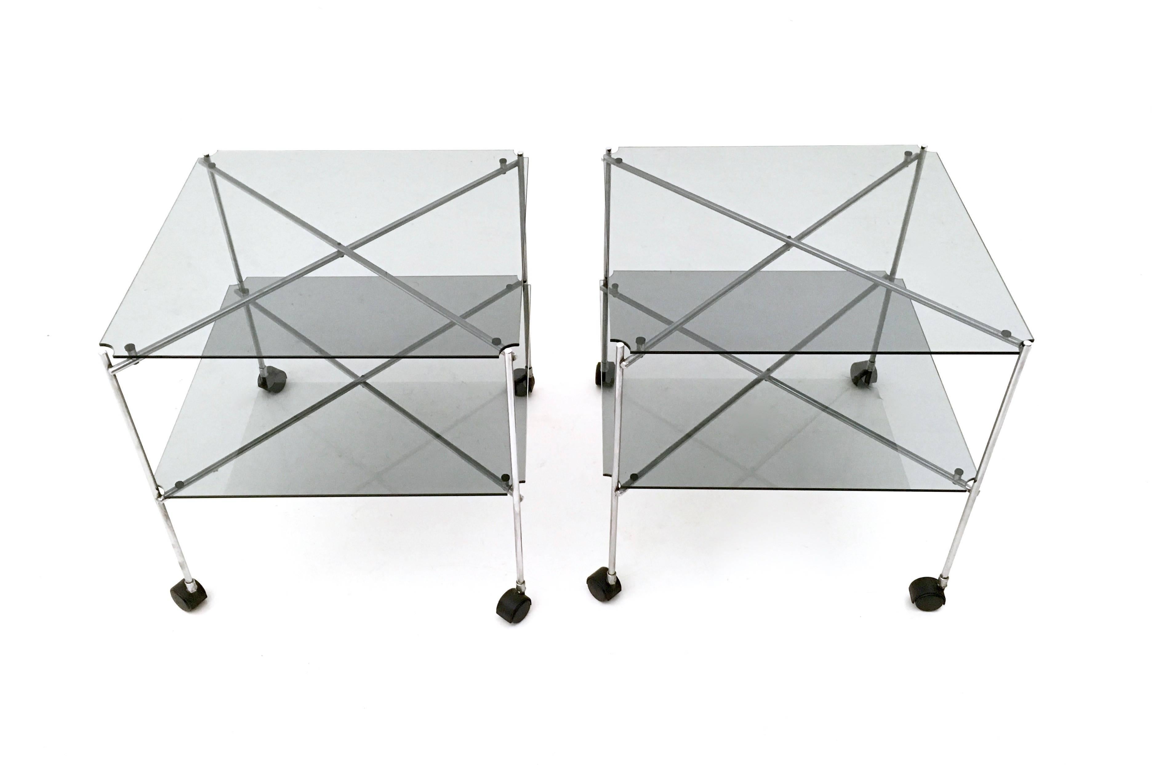 Italian Pair of Postmodern Glass Carts Mod. Biplano by Bruno Munari for Robots, Italy