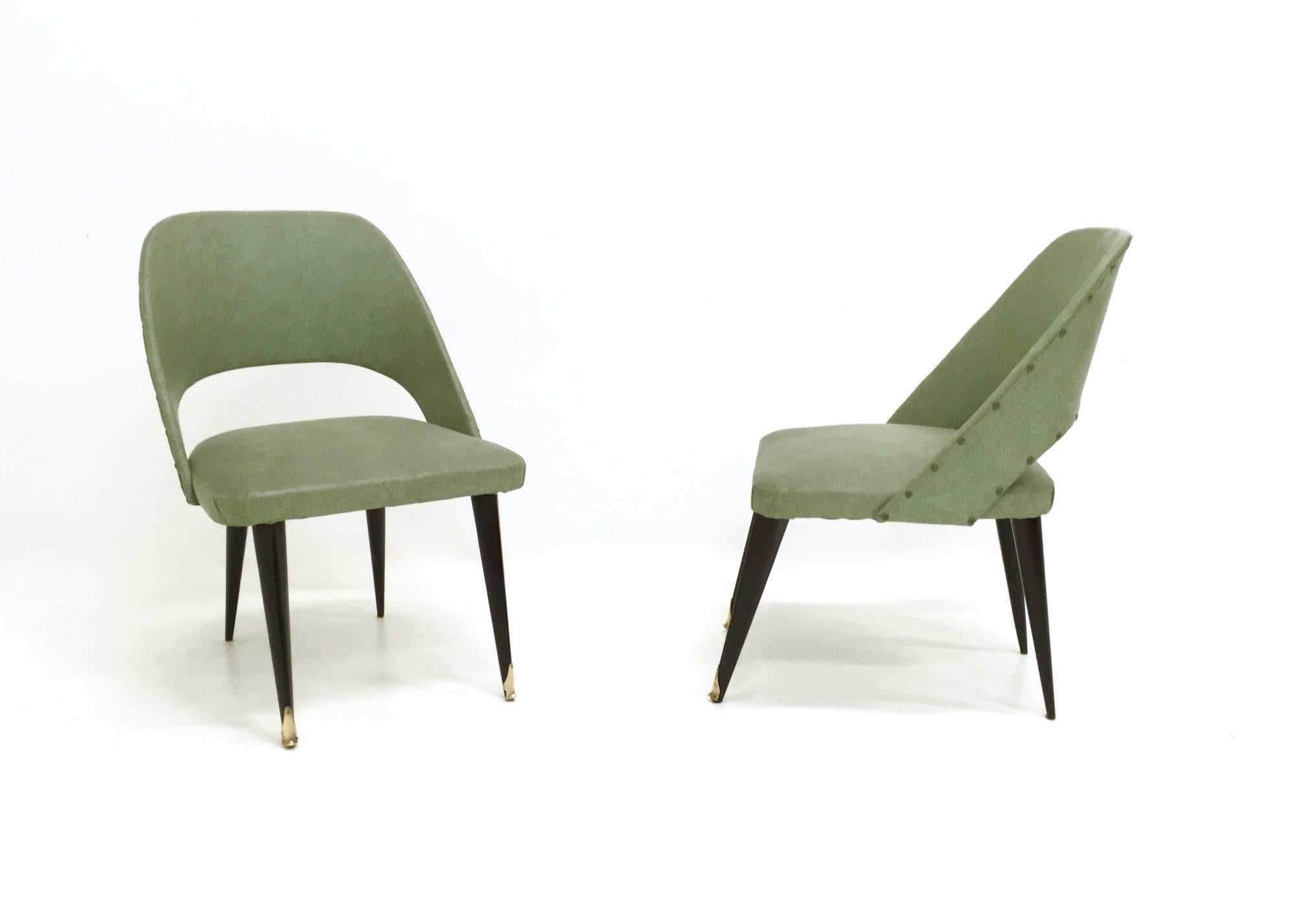 Italian Pair of Green Vintage Skai Side Chairs with Ebonized Legs, Italy, 1950s