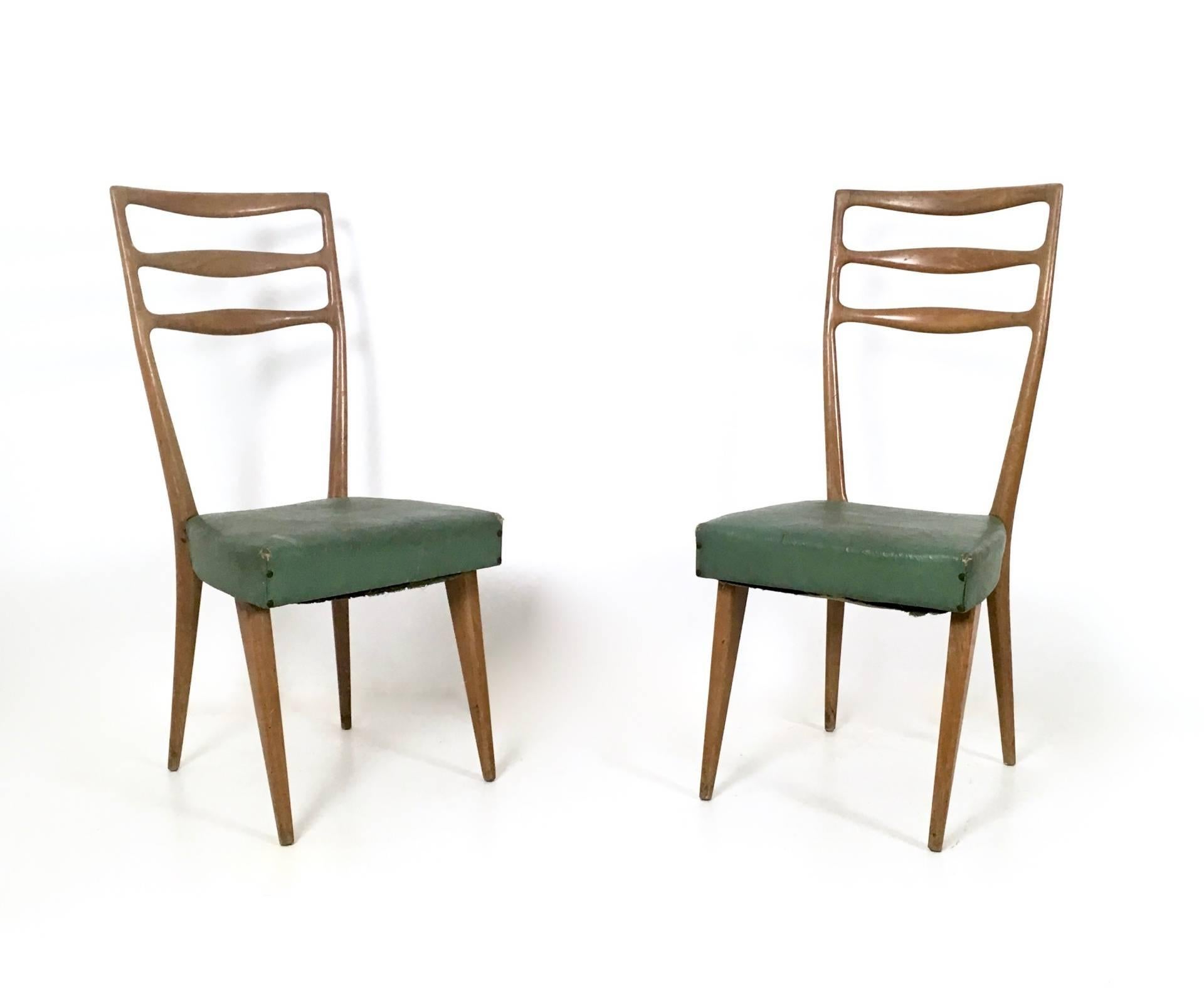 Italian Set of Six Walnut and Skai Chairs in the Style of Buffa, Prod. Cantù, Italy