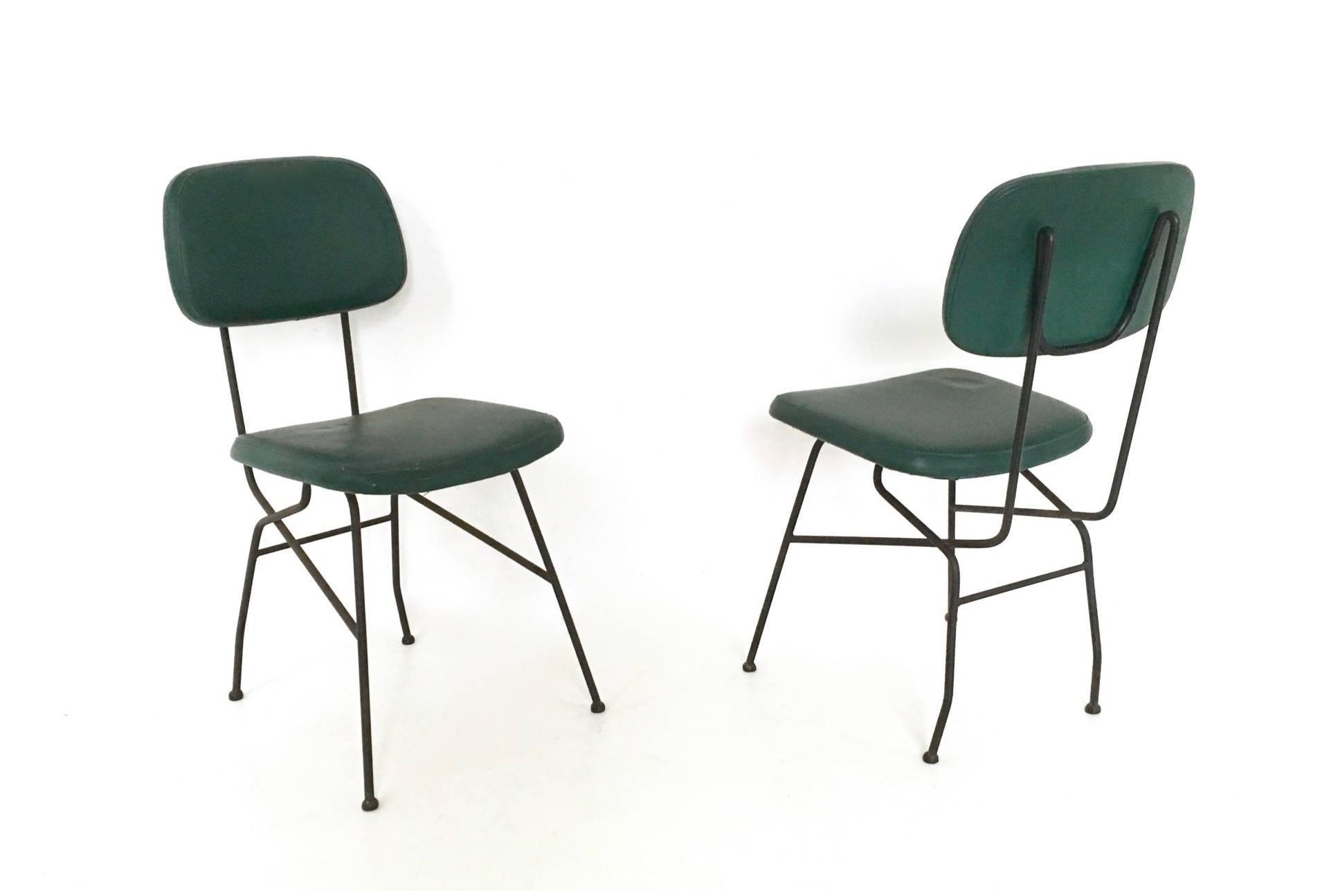 Minimalist Set of Four Metal and Skai Chairs Ascribable to Gastone Rinaldi for Rima, 1950s