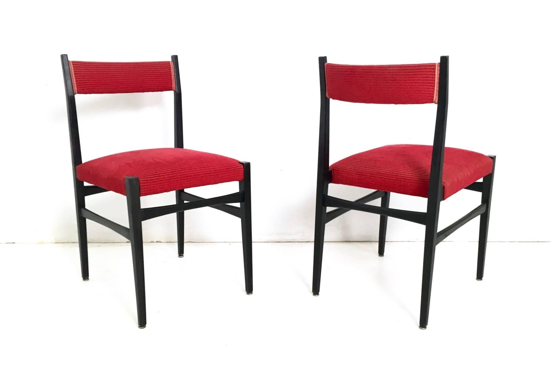 Mid-20th Century Set of Six Ebonized Wood and Fabric Dining Chairs, Italy, 1960s