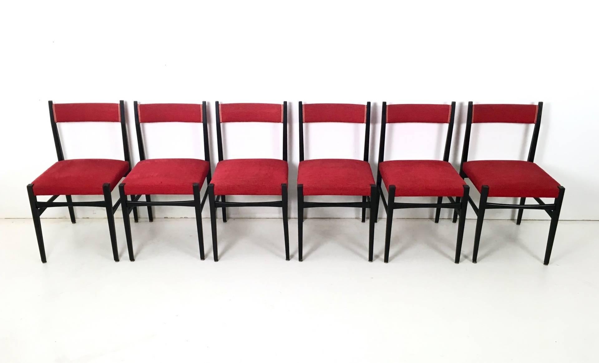 Italian Set of Six Ebonized Wood and Fabric Dining Chairs, Italy, 1960s