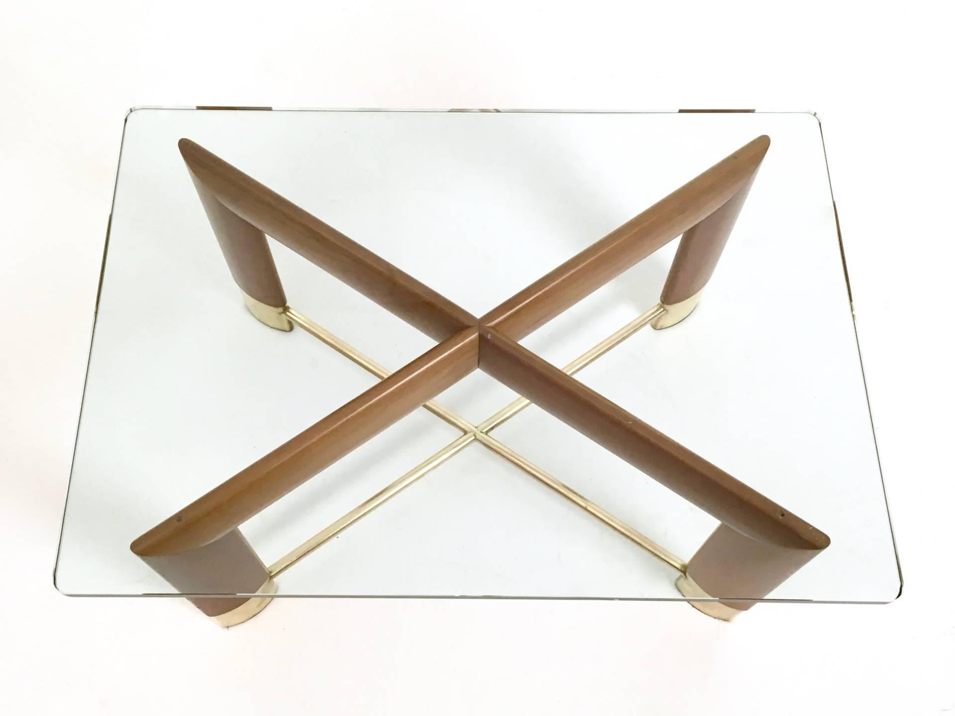 Brass Walnut and Glass Coffee Table in the Style of Fontana Arte, Italy, 1970s