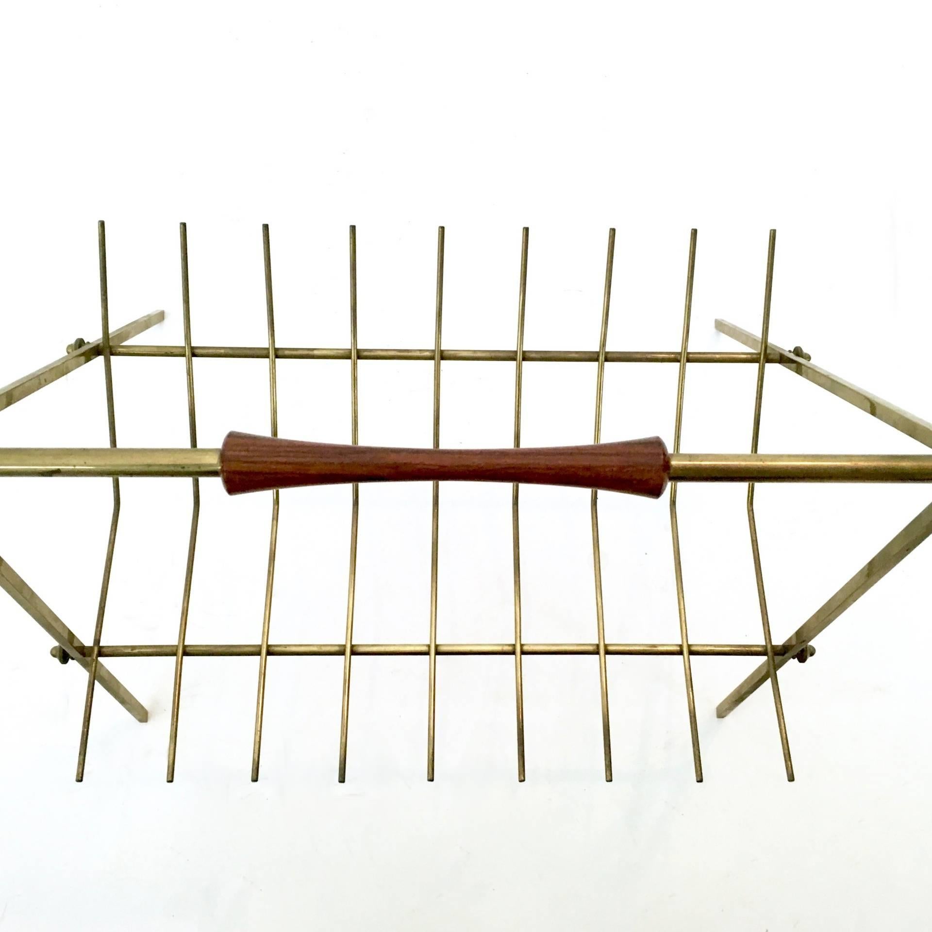 Mid-Century Modern Minimal Vintage Brass and Solid Wood Magazine Rack, Italy For Sale