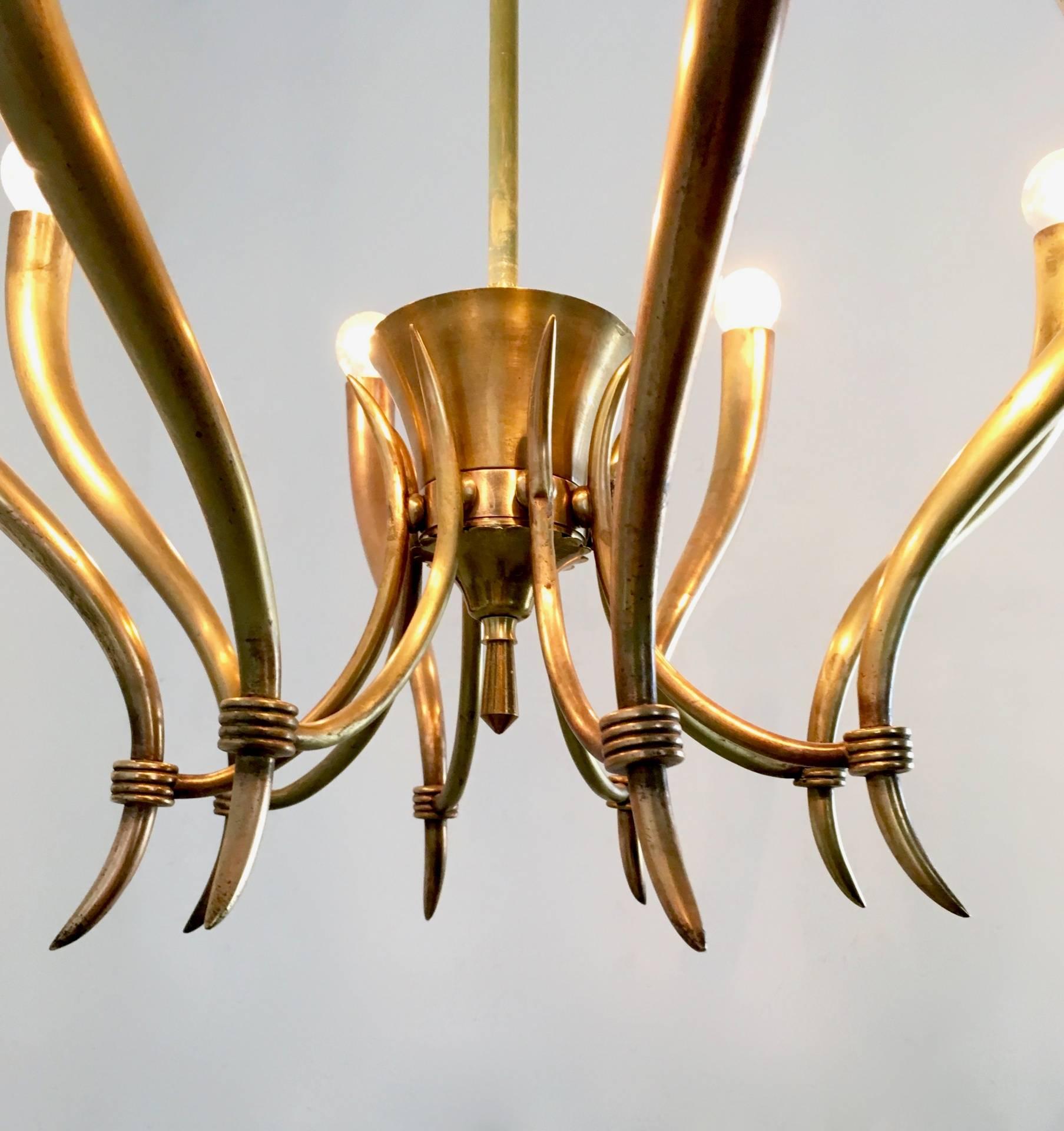 Brass Elegant Chandelier in the Style of Gio Ponti, Italy, 1940s