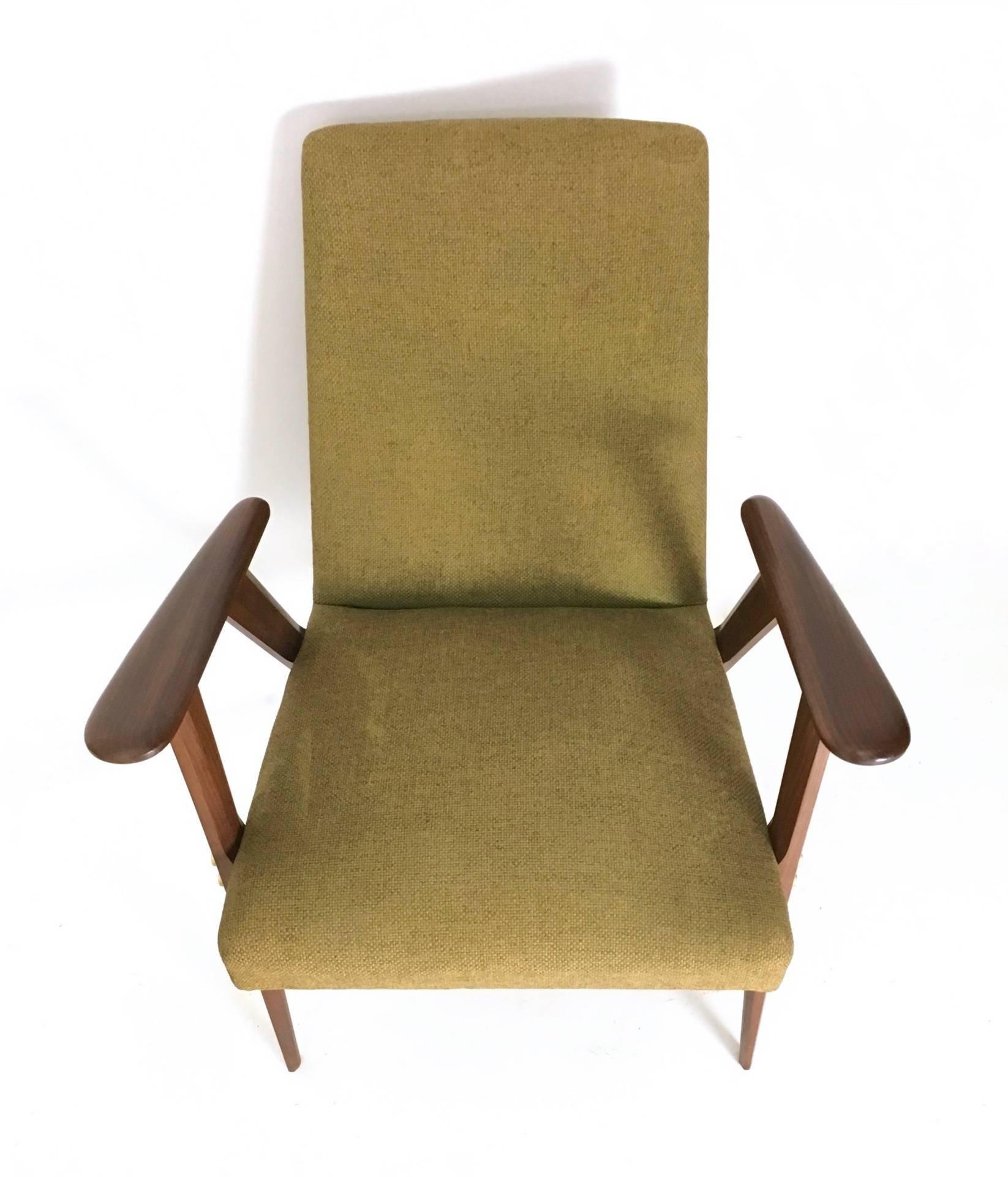 Brass Pair of Fabric and Wood Armchairs, Italy, 1950s