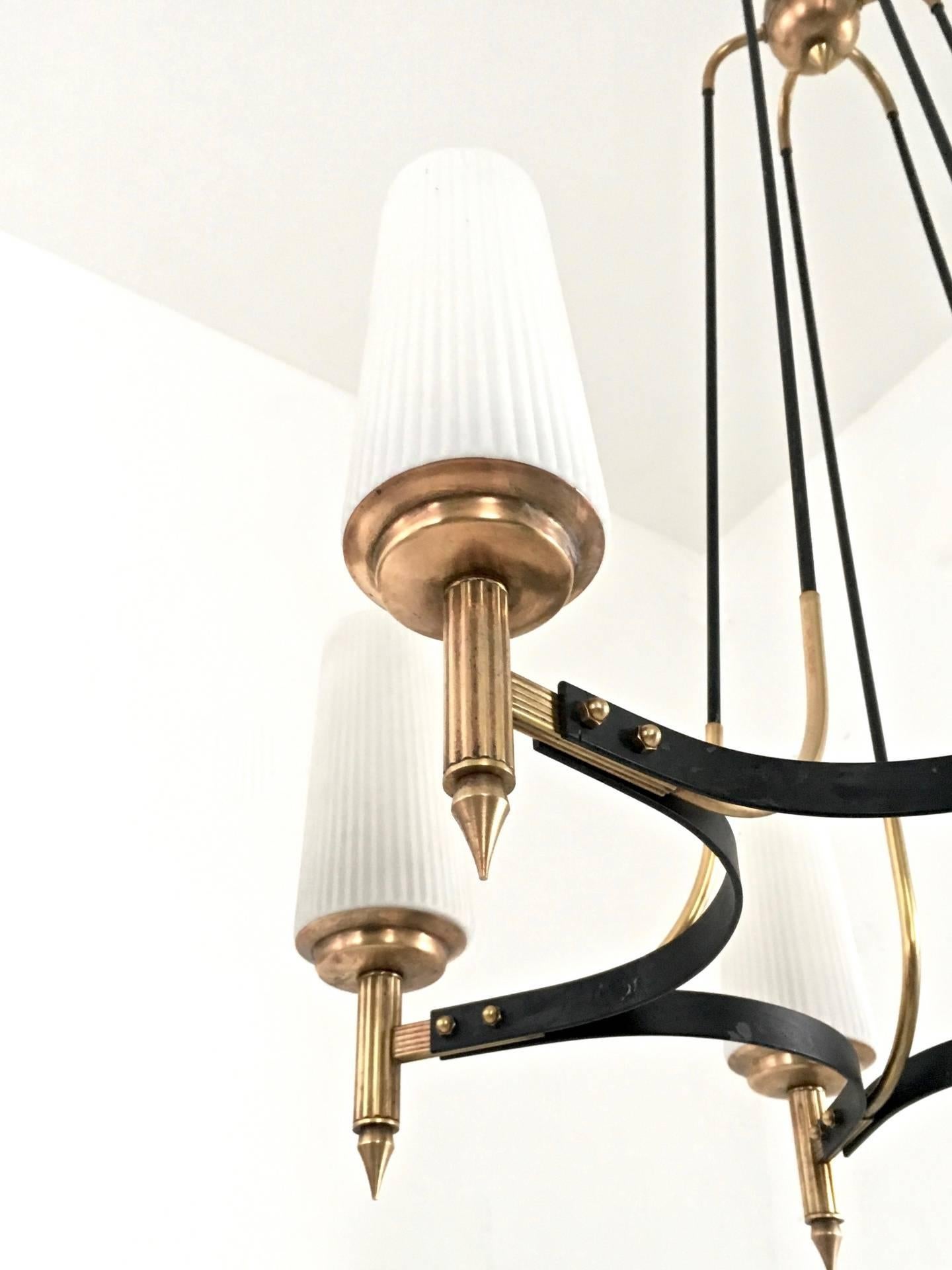 Opaline Glass, Brass and Varnished Iron Chandelier by Stilnovo, Italy, 1950s 2