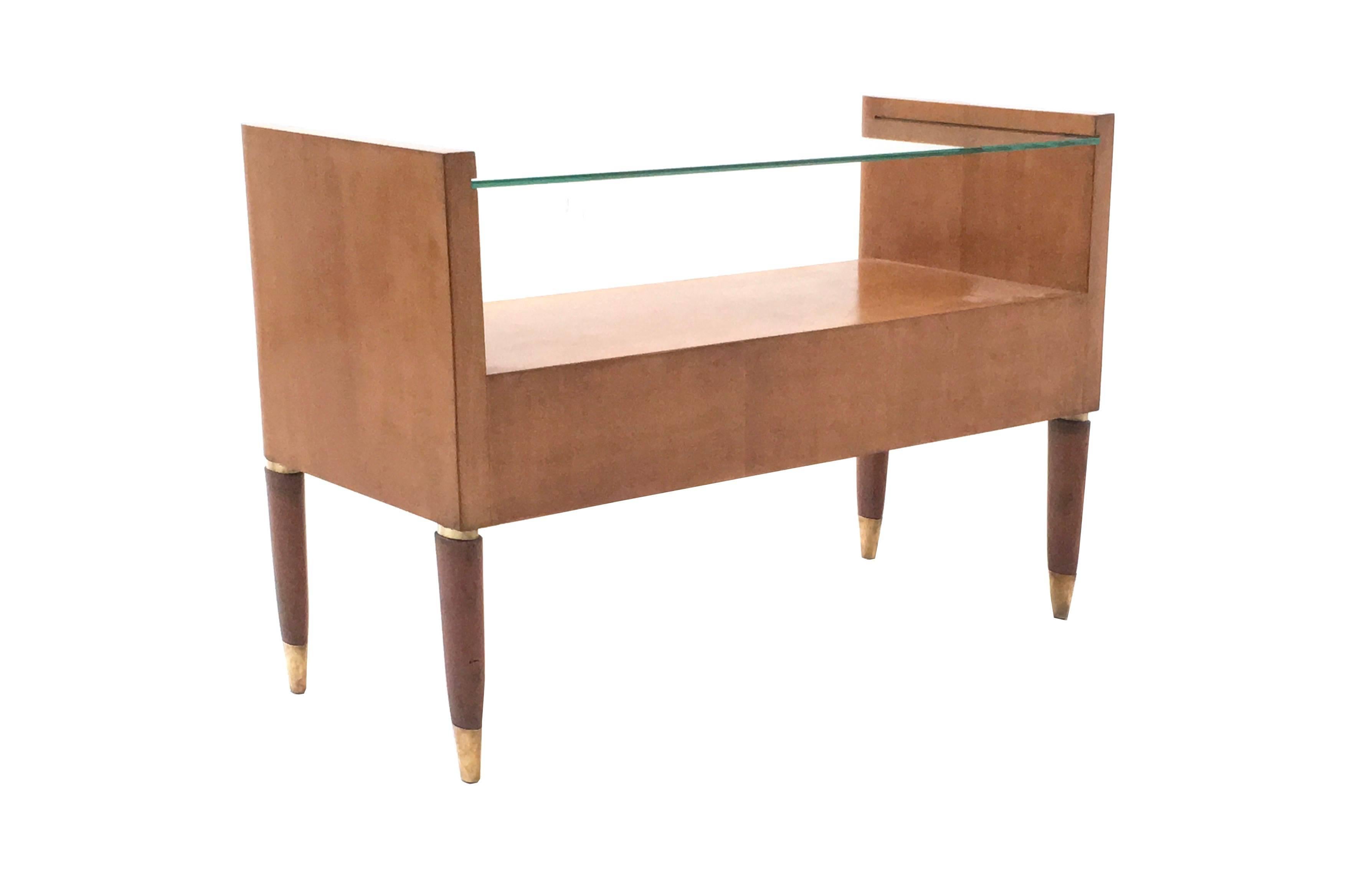 Mid-Century Modern Vintage Walnut Nightstand / Divider with a Glass Top and Brass Details, Italy For Sale