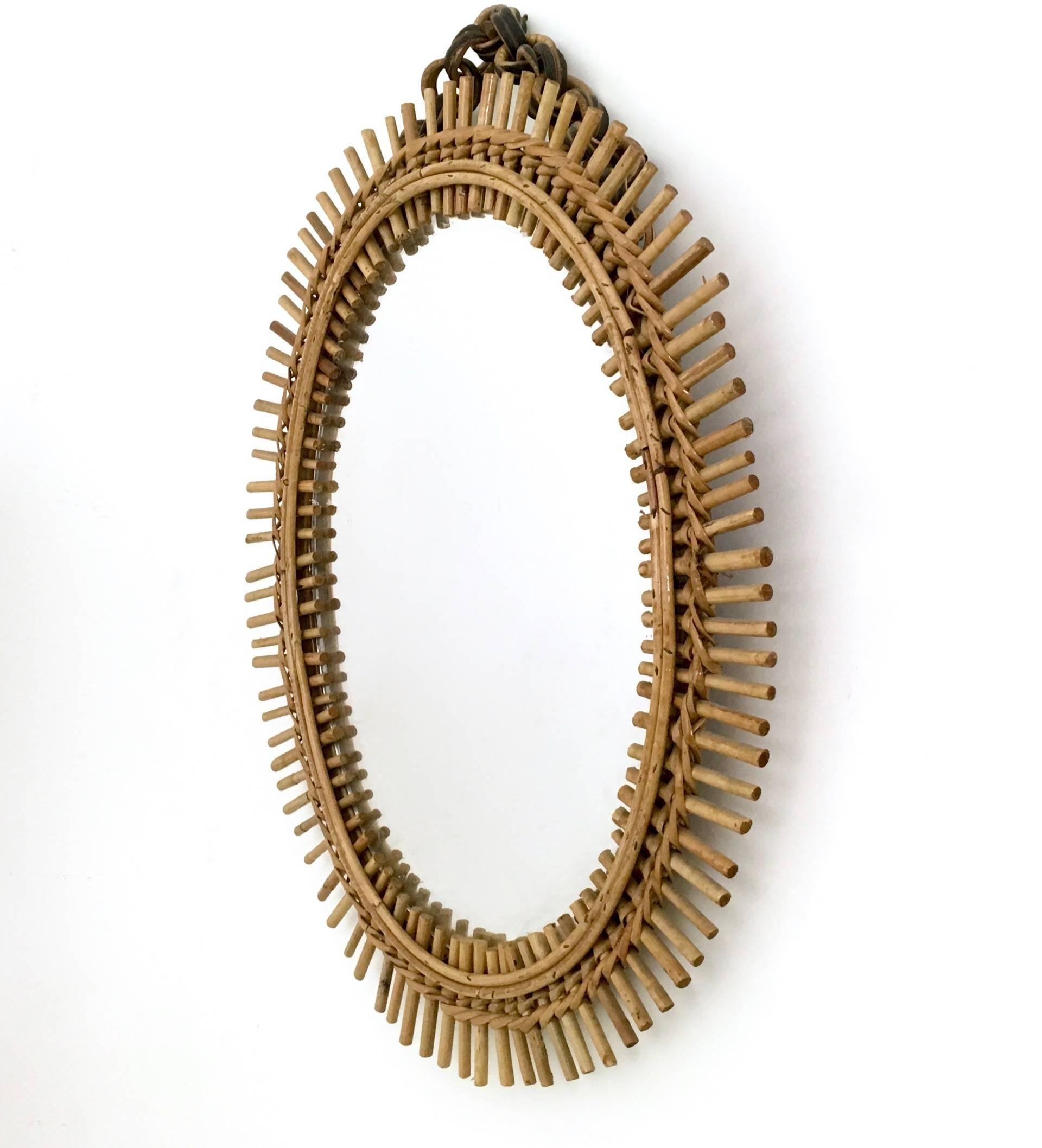 Oval Wall Mirror in the Style of Franco Albini with a Wicker Frame, Italy, 1950s 1