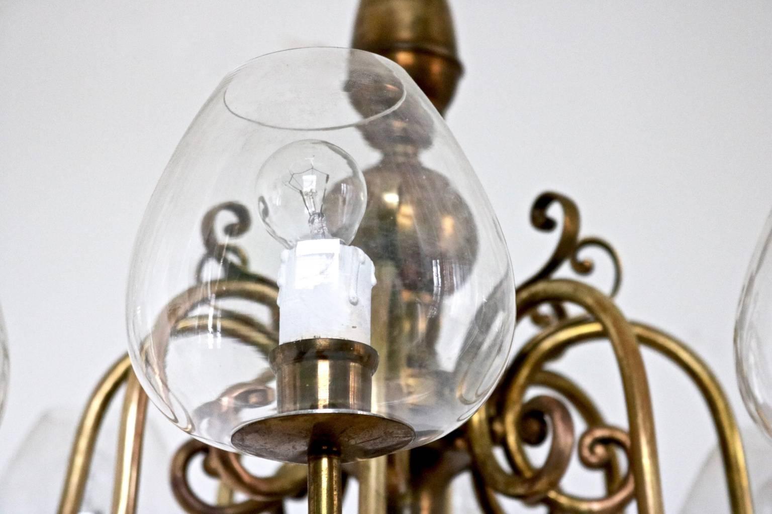 Mid-20th Century Vintage Eight-Light Brass Chandelier with Murano Glass Lampshades, Italy