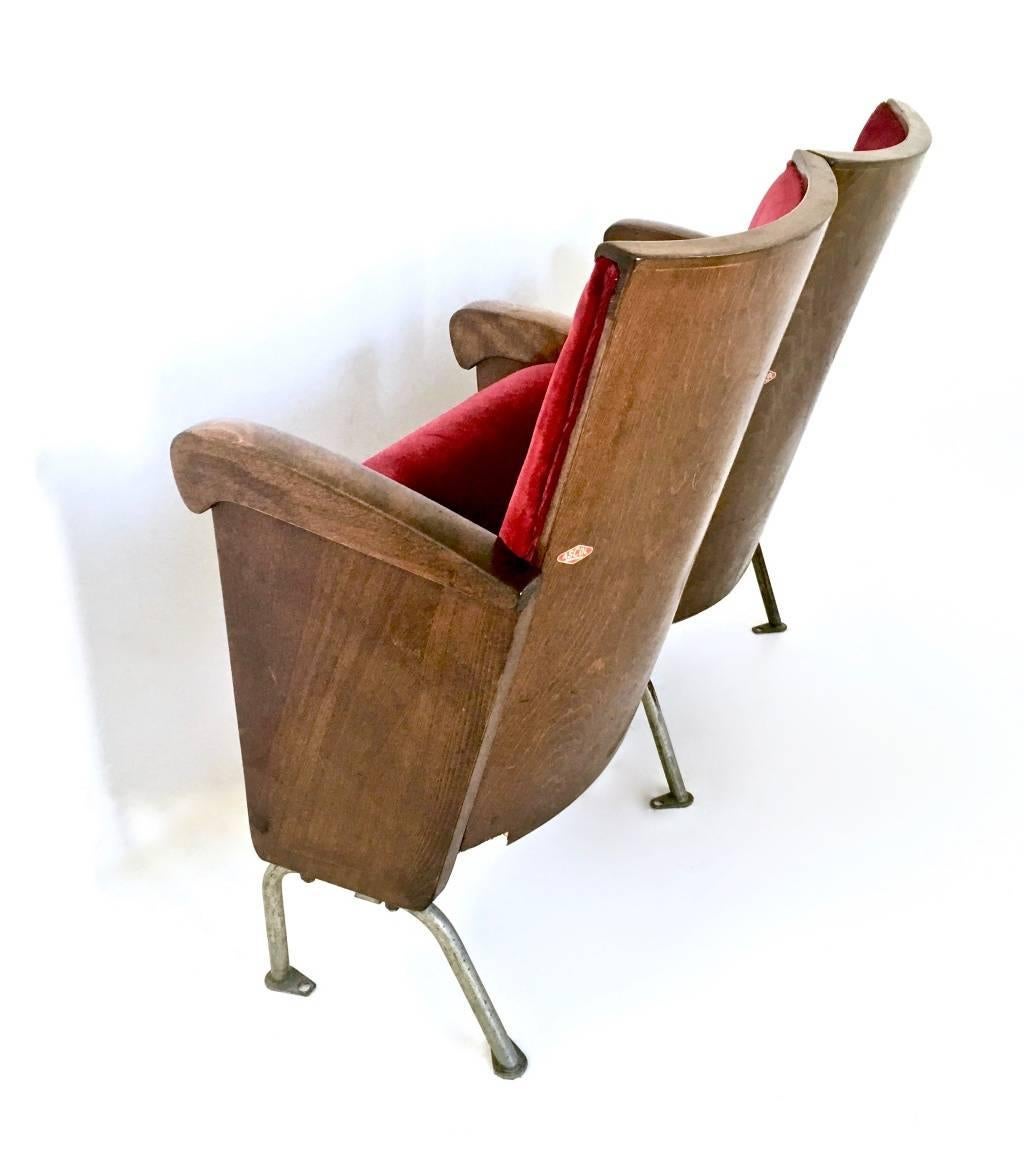 Pair of Red Velvet Cinema Seats by Ascol with Wooden Structure, Italy, 1950s 1