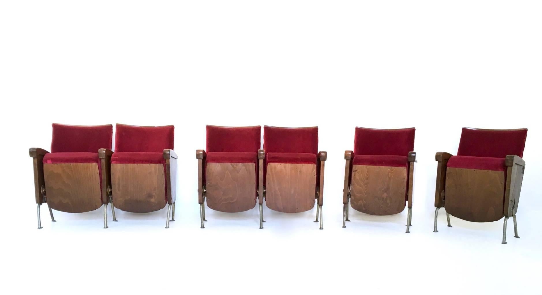 Italian Pair of Red Velvet Cinema Seats by Ascol with Wooden Structure, Italy, 1950s