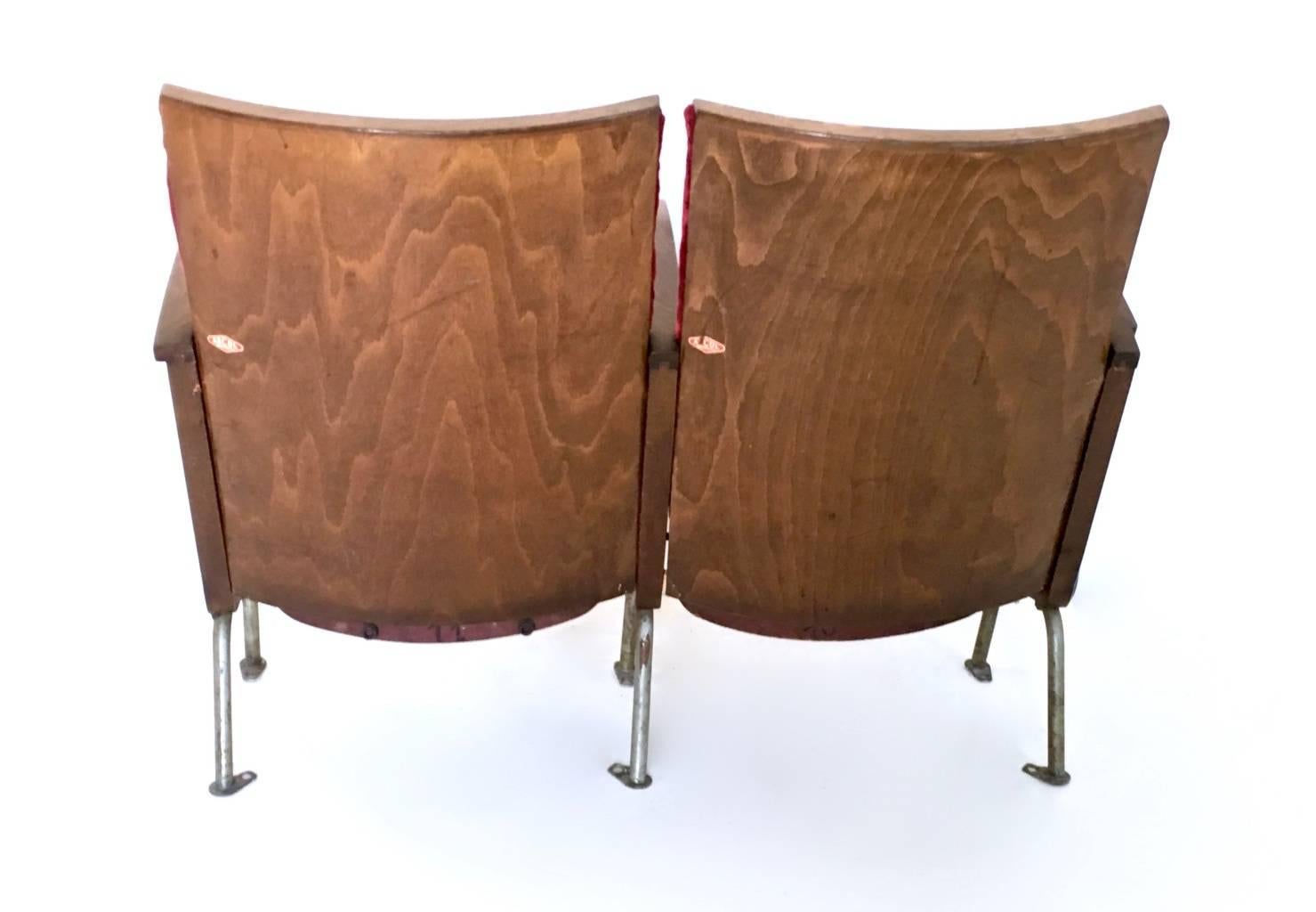 Pair of Red Velvet Cinema Seats by Ascol with Wooden Structure, Italy, 1950s In Fair Condition In Bresso, Lombardy