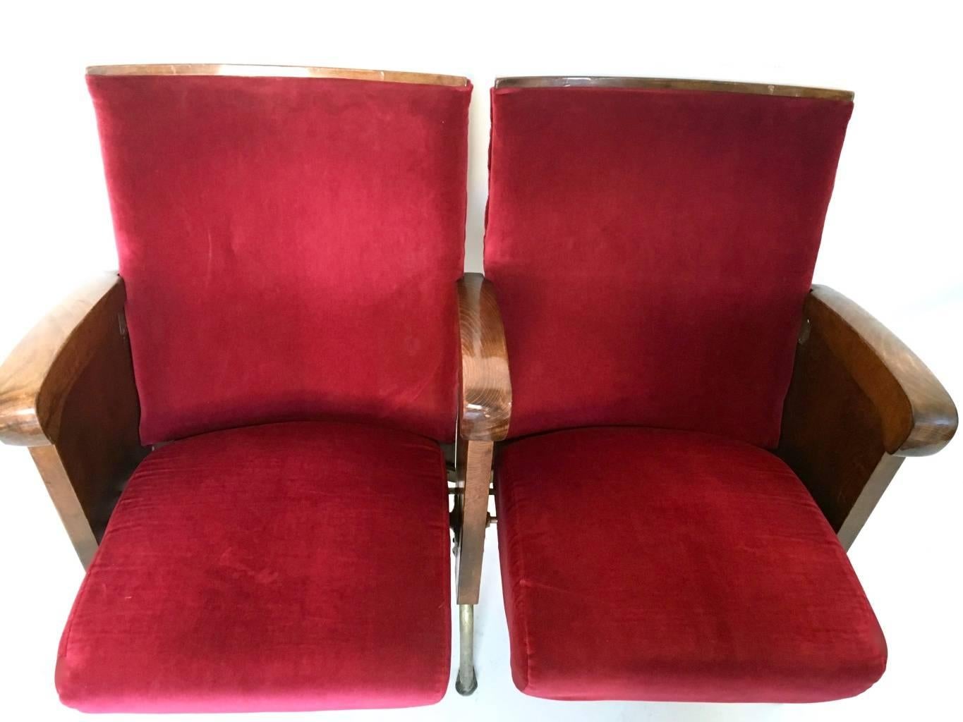 Mid-20th Century Pair of Red Velvet Cinema Seats by Ascol with Wooden Structure, Italy, 1950s