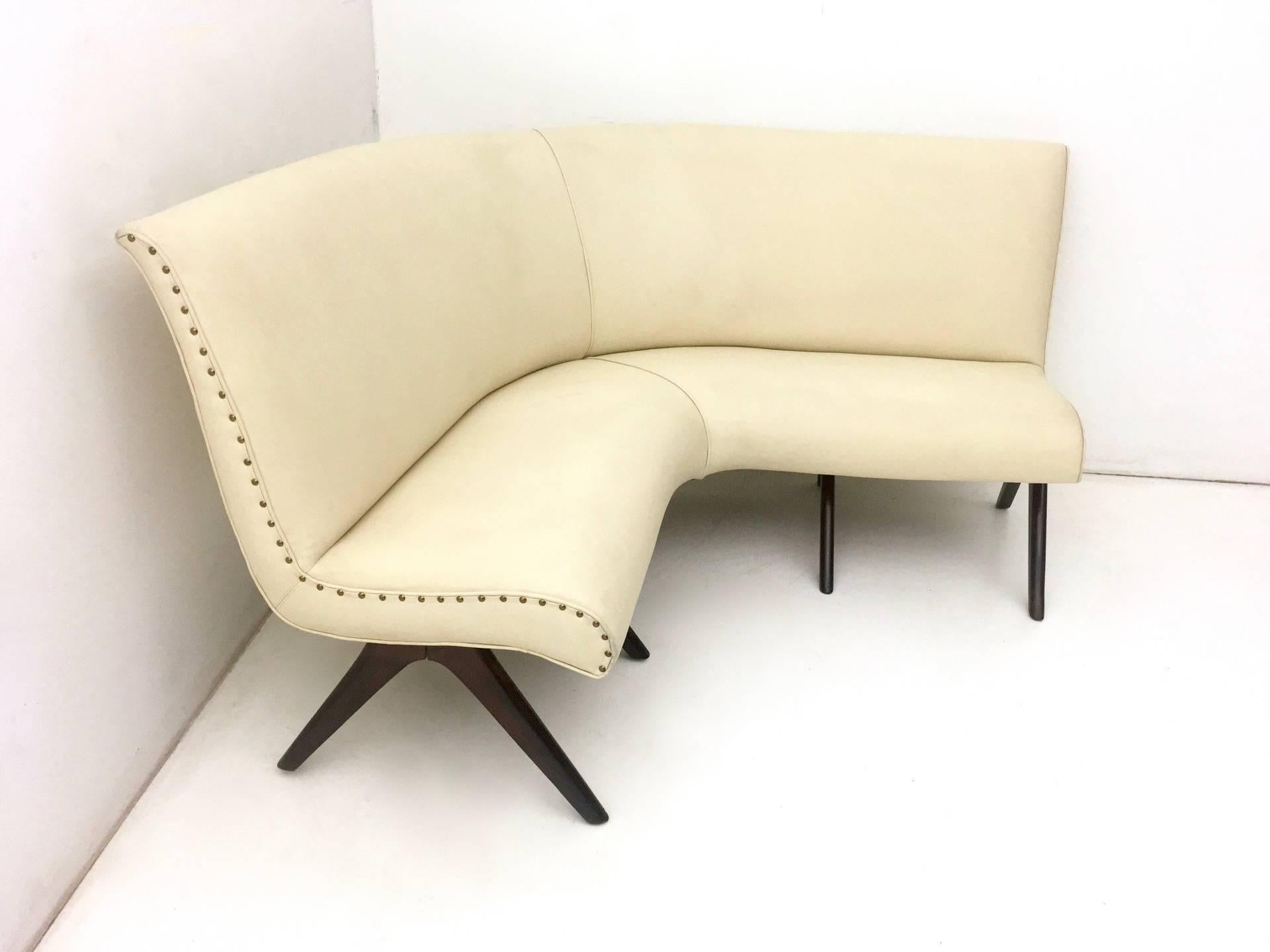 Mid-Century Modern Vintage Corner Sofa with Wooden Structure and Beige Skai Upholstery, Italy
