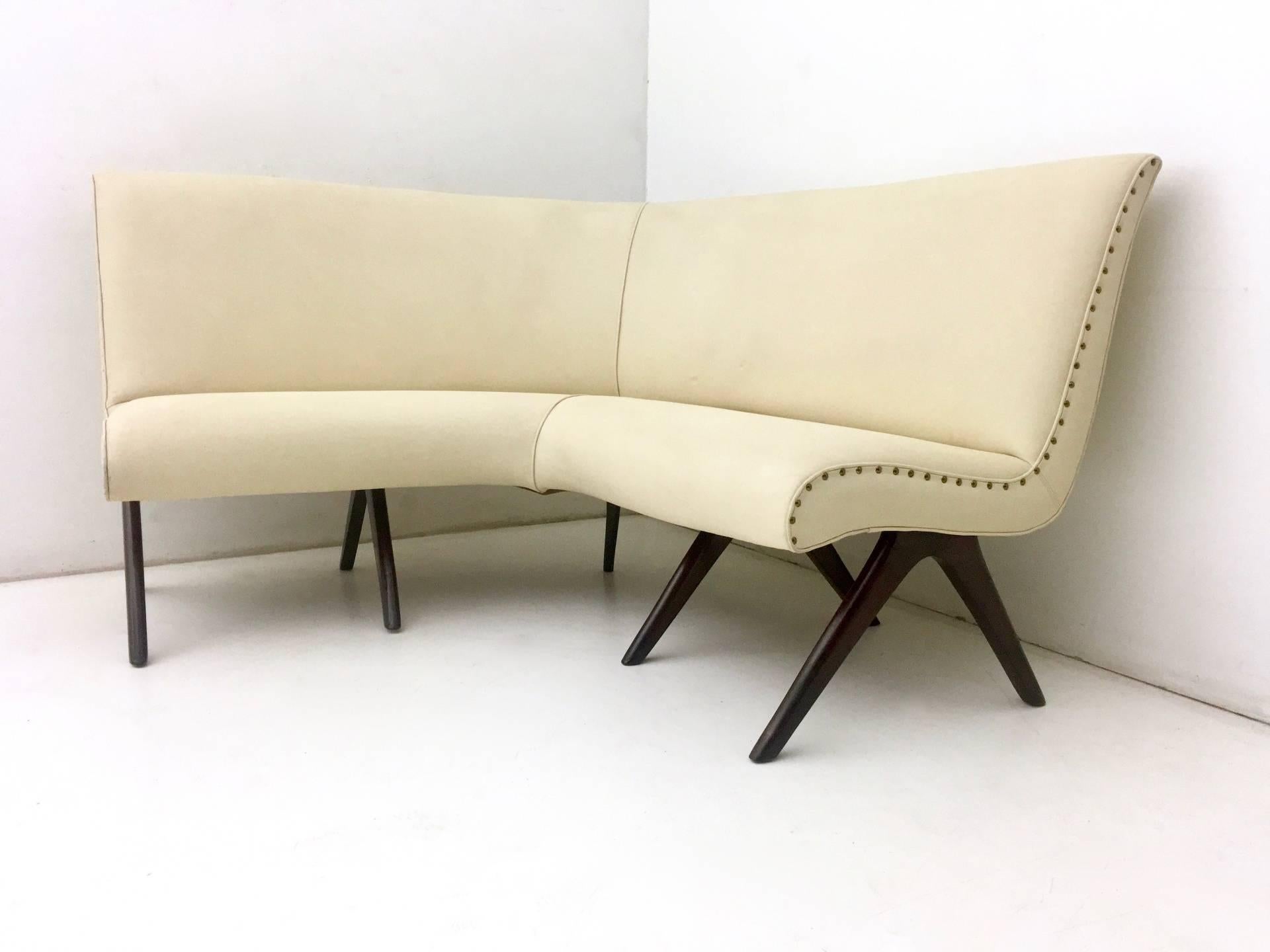 Italian Vintage Corner Sofa with Wooden Structure and Beige Skai Upholstery, Italy