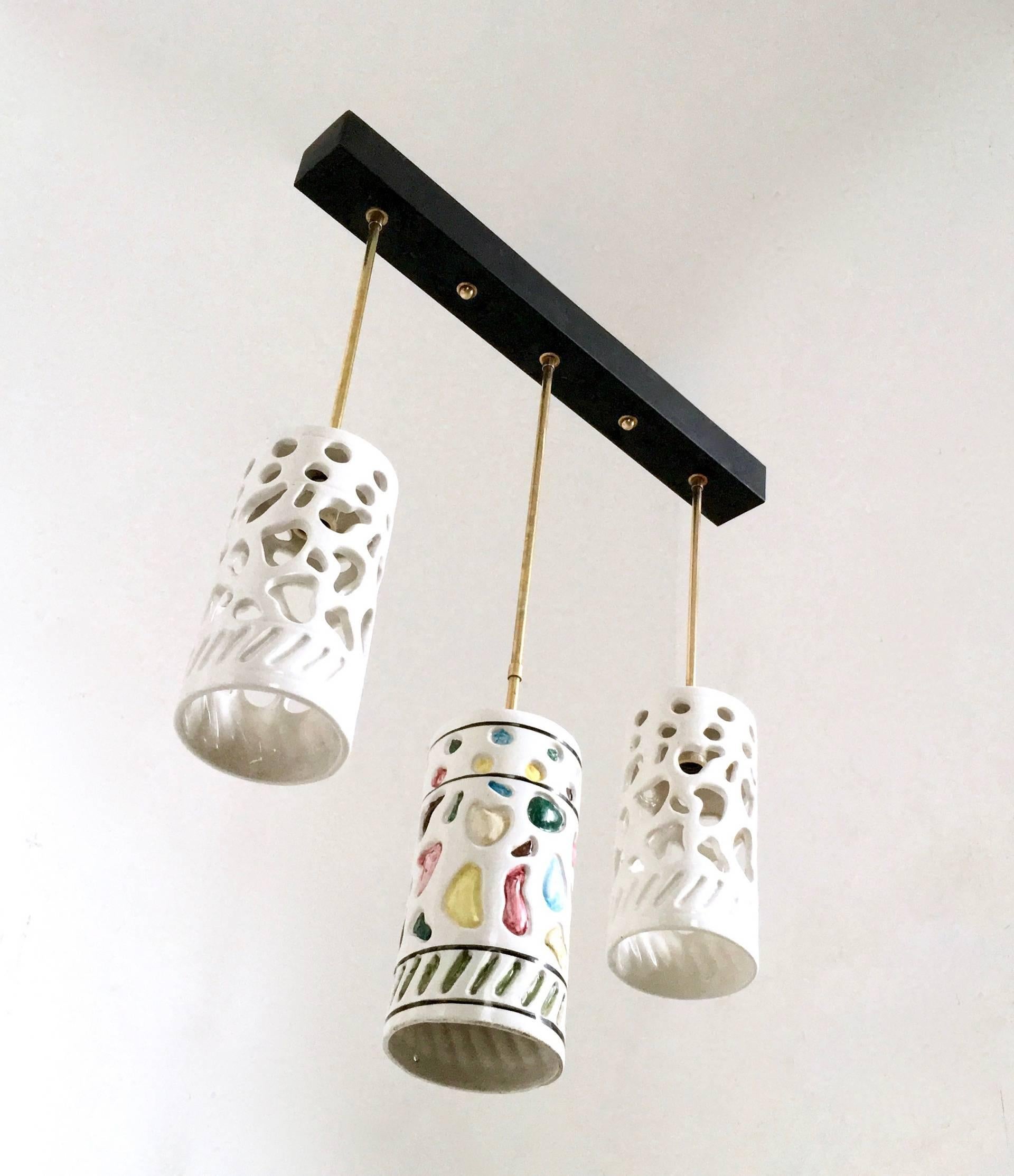 Mid-Century Modern Vintage Chandelier with Cylindrical Ceramic Lampshades by Ceramiche Pucci, Italy For Sale