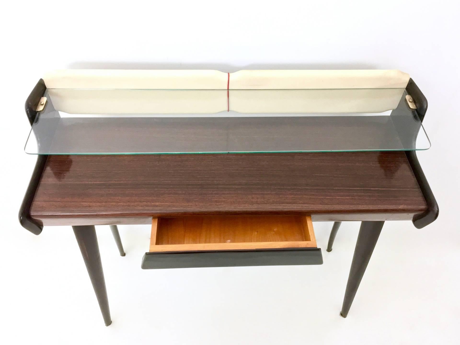 Ebonized Beech, Glass and Skai Console Table with Pouf, Italy, 1950s In Excellent Condition In Bresso, Lombardy