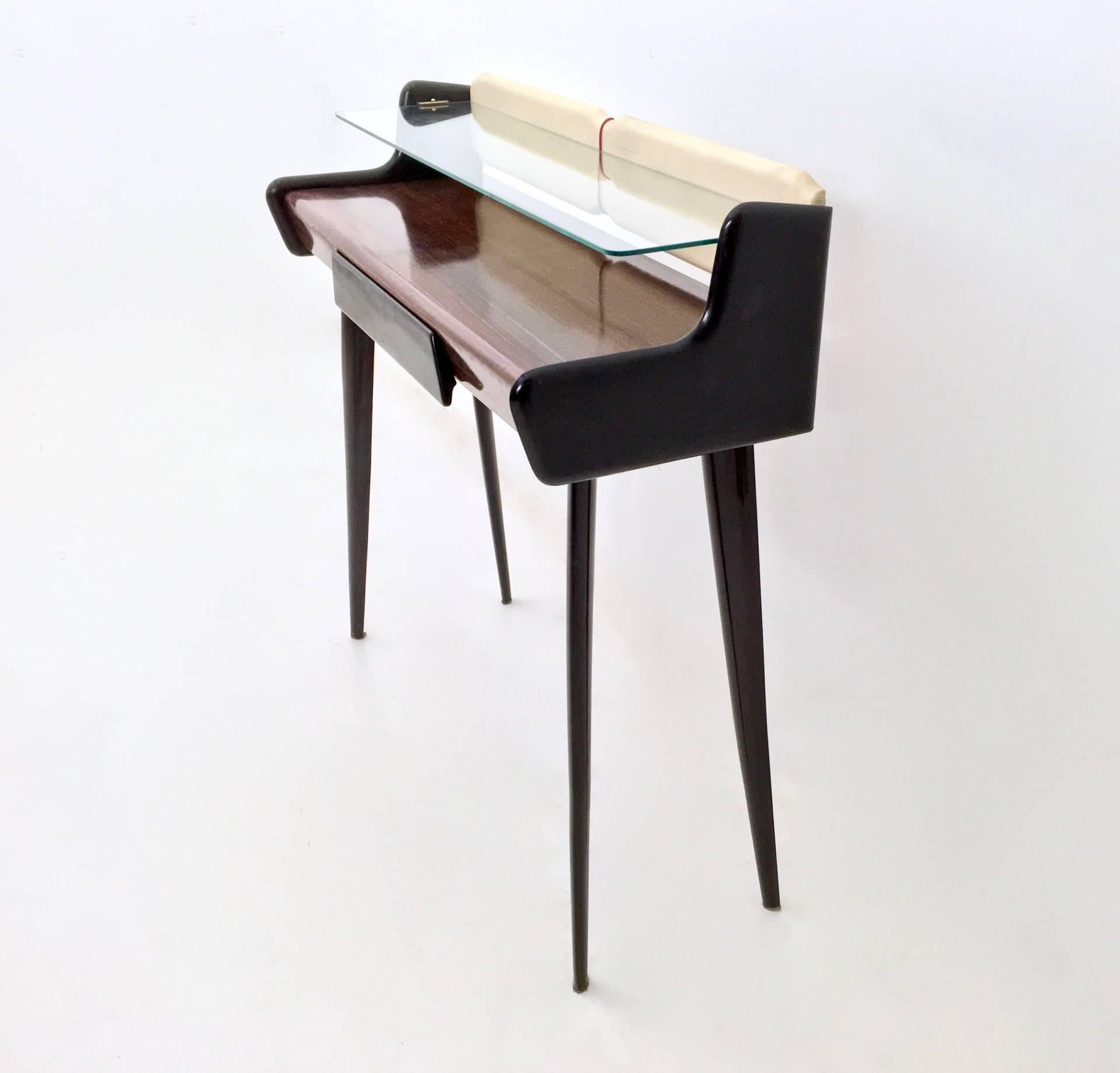 Italian Ebonized Beech, Glass and Skai Console Table with Pouf, Italy, 1950s