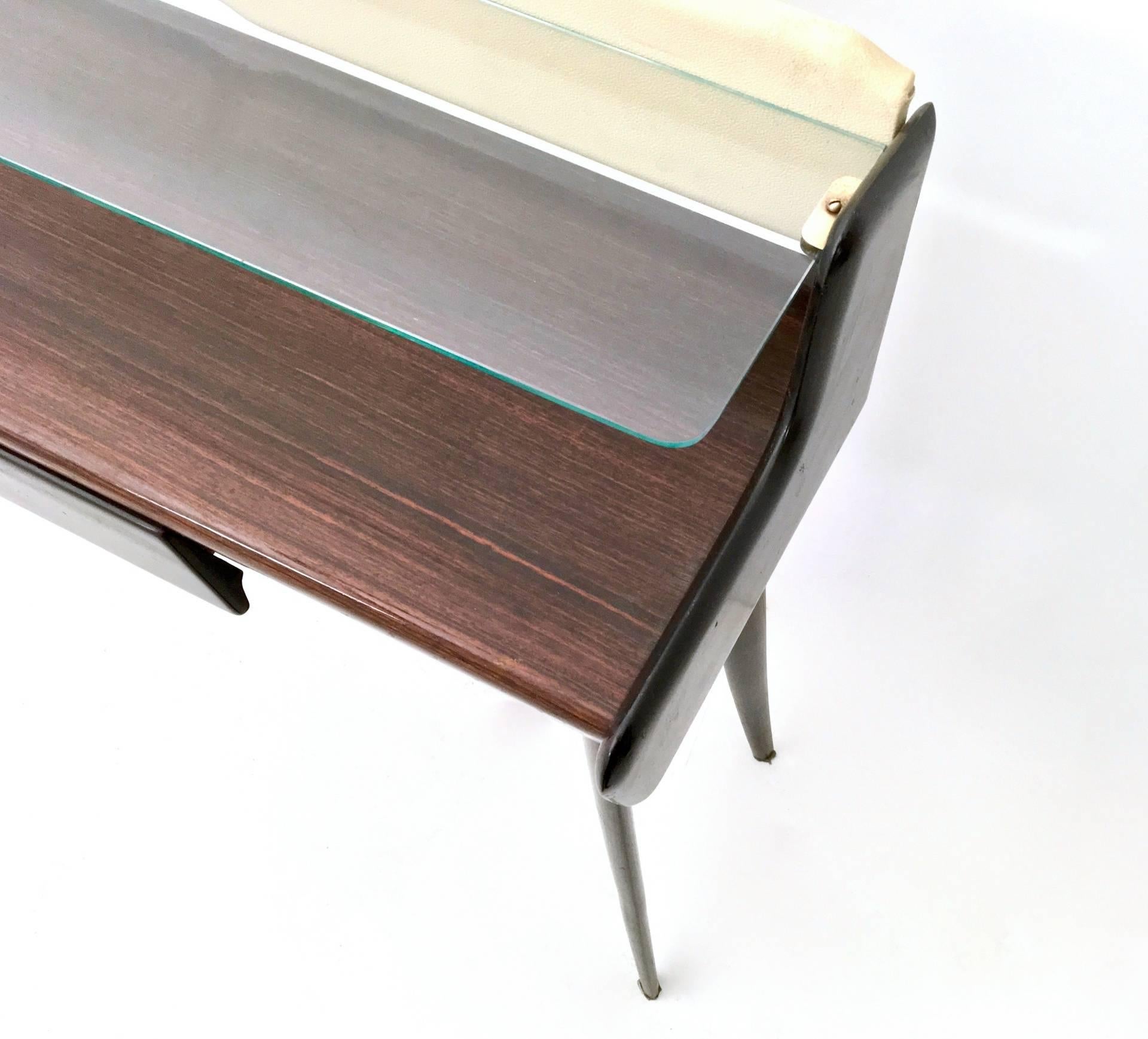 Mid-20th Century Ebonized Beech, Glass and Skai Console Table with Pouf, Italy, 1950s