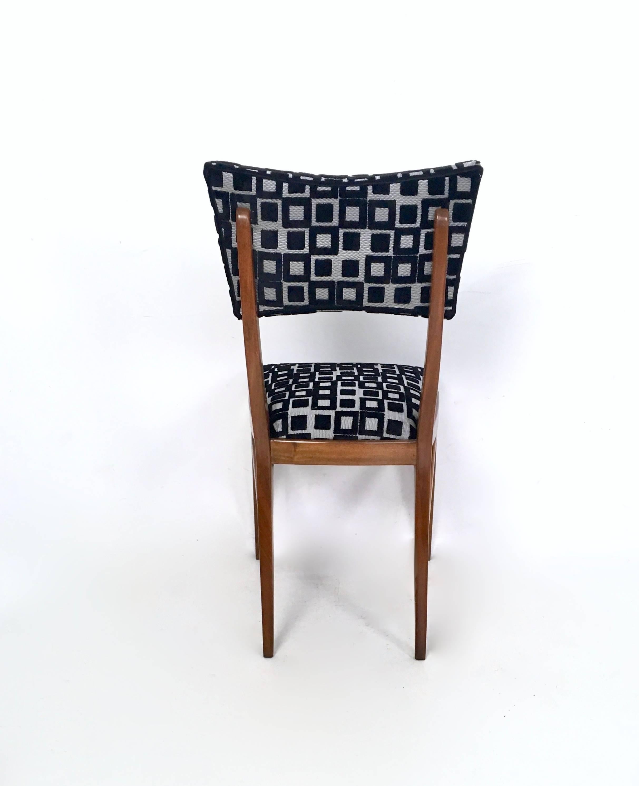 Fabric Set of Four Black and White Square Patterned Chairs in the Style of Ico Parisi For Sale