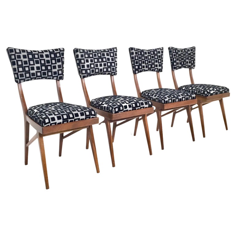 Set of Four Black and White Square Patterned Chairs in the Style of Ico Parisi For Sale