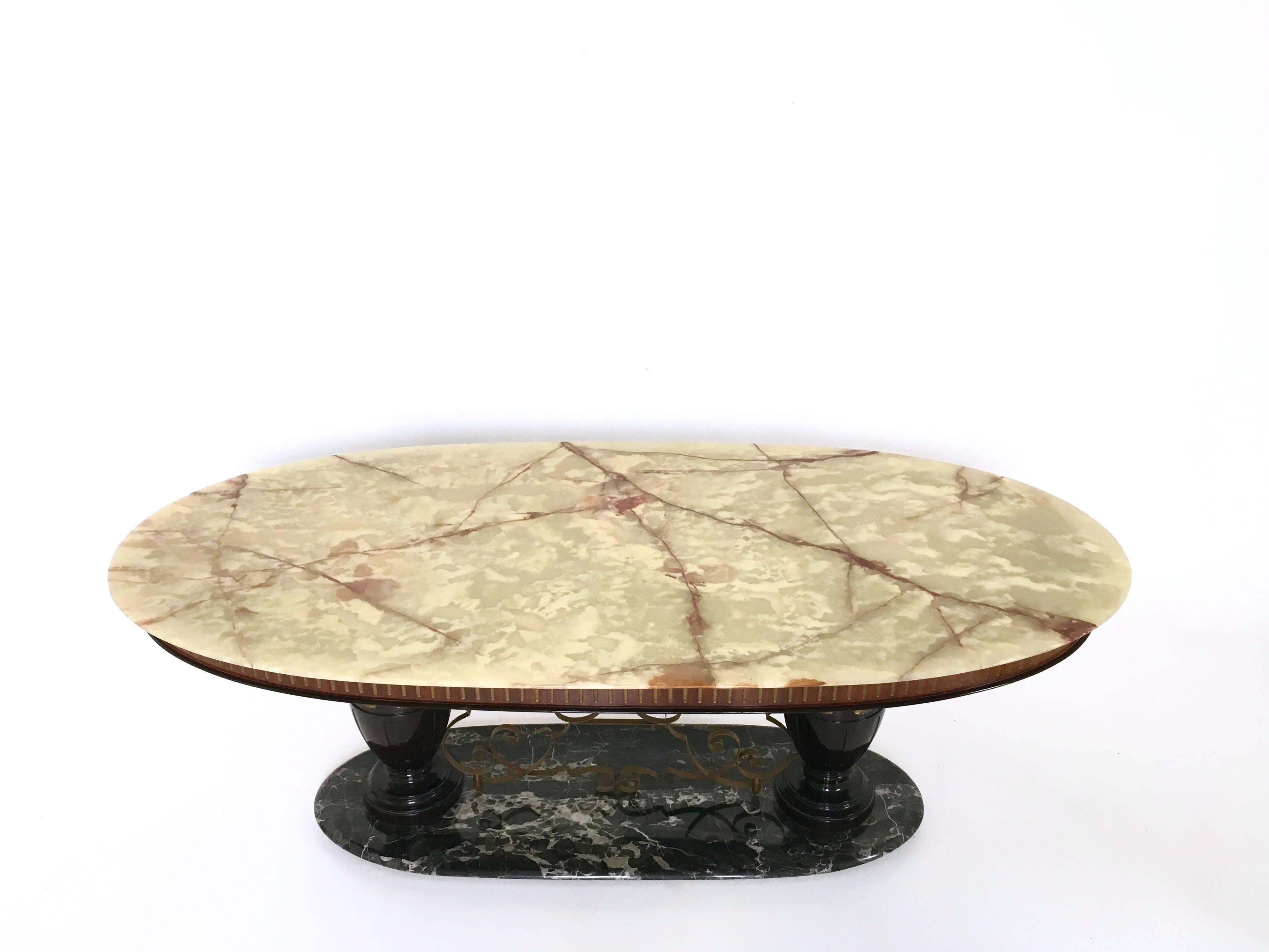 Lacquered Midcentury Dining Table with Portoro Marble Base and Onyx Top, Italy, 1950s