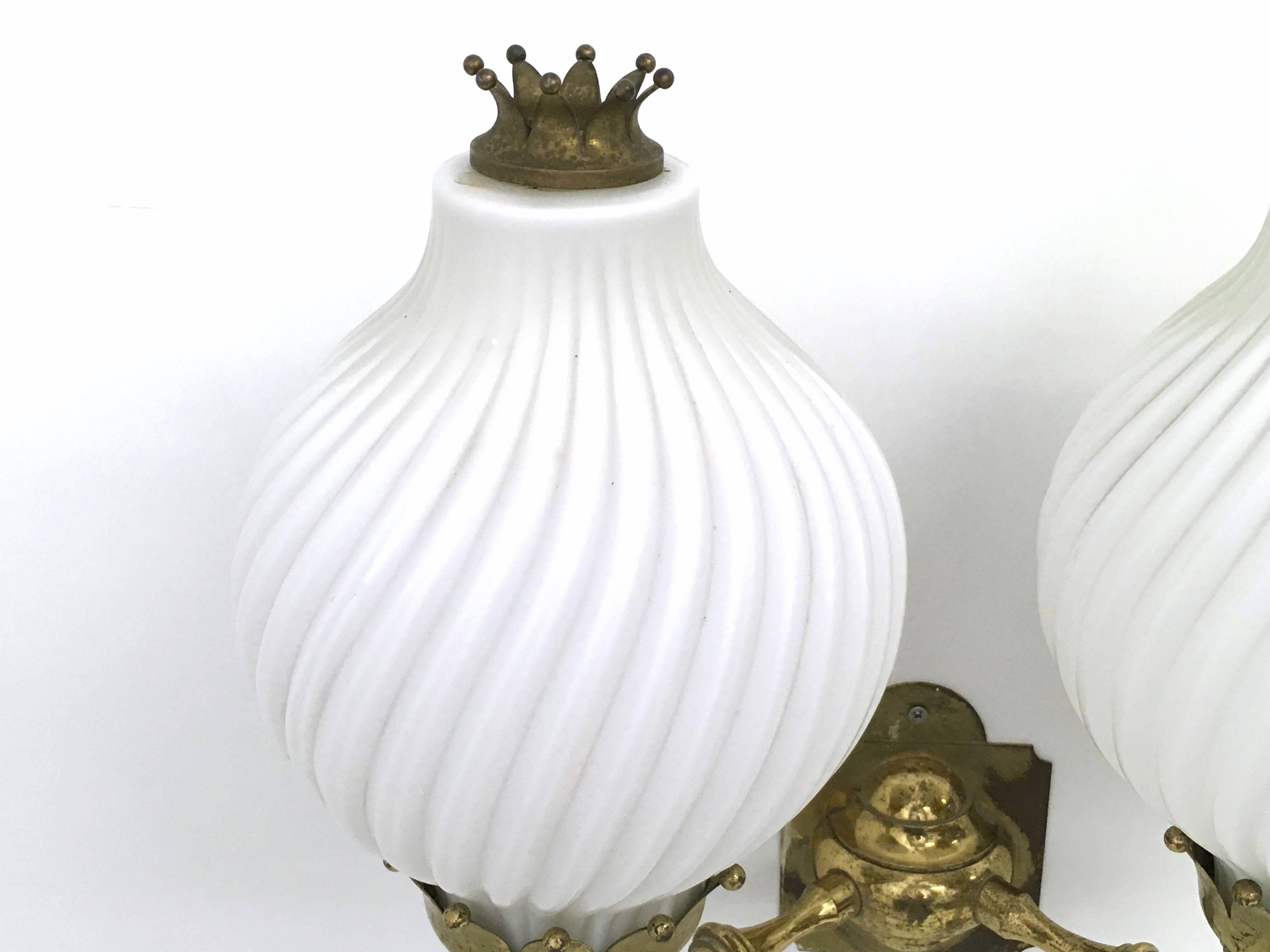 Italian Large Vintage Two-Light Opaline Glass and Brass Sconce by Arredoluce, Italy For Sale